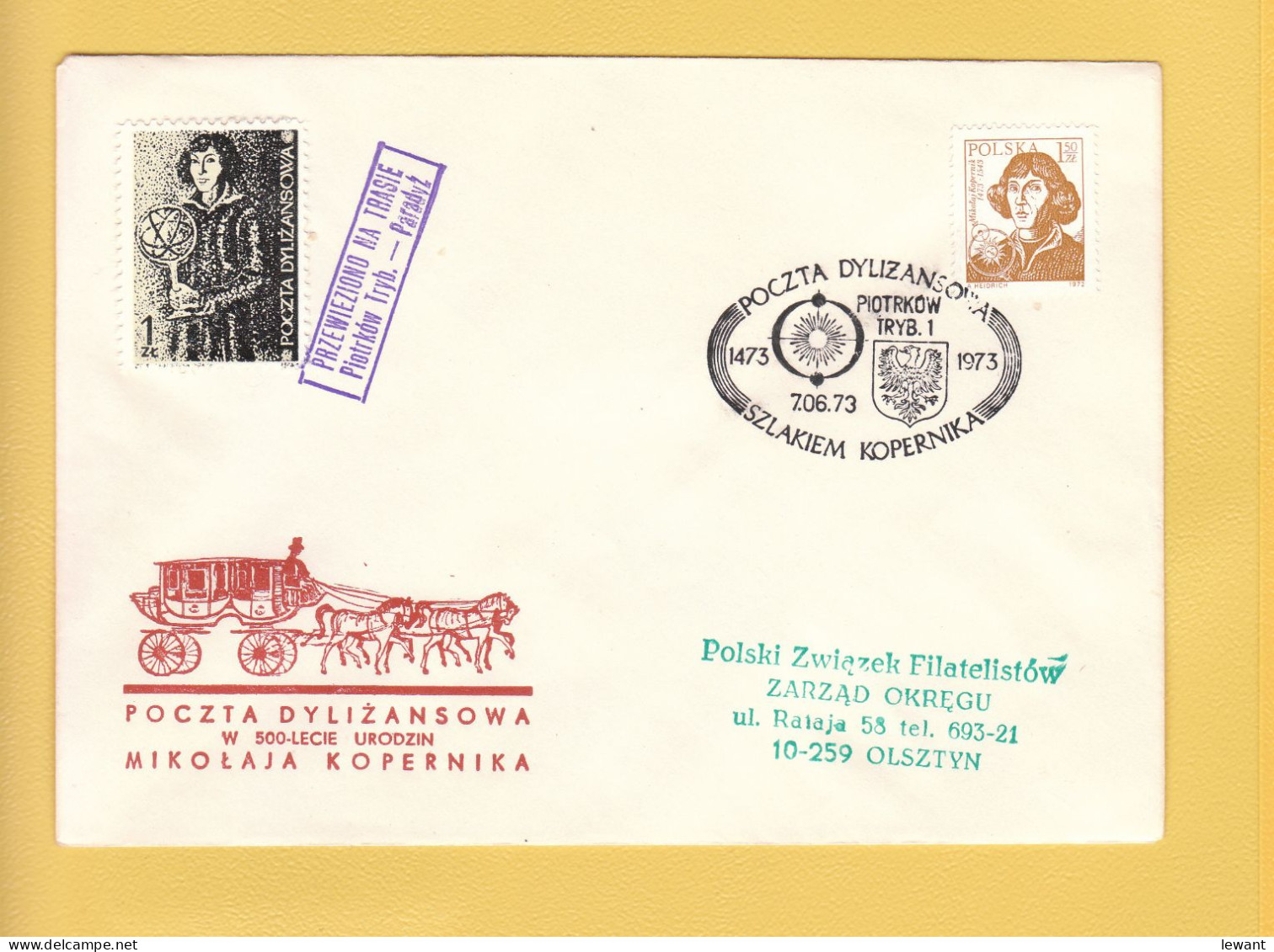 1973 Nicolaus Copernicus - Stagecoach Mail_ZOL_23_PIOTRKOW TRYBUNALSKI - Brieven En Documenten