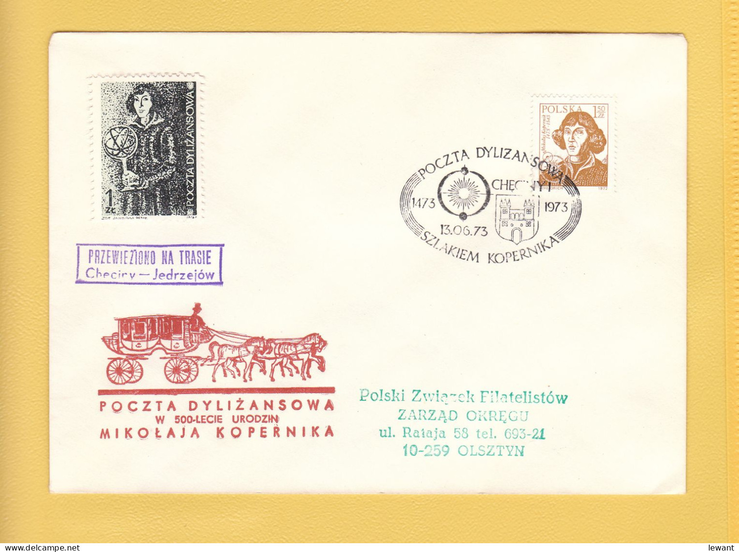 1973 Nicolaus Copernicus - Stagecoach Mail_ZOL_27_CHECINY - Brieven En Documenten