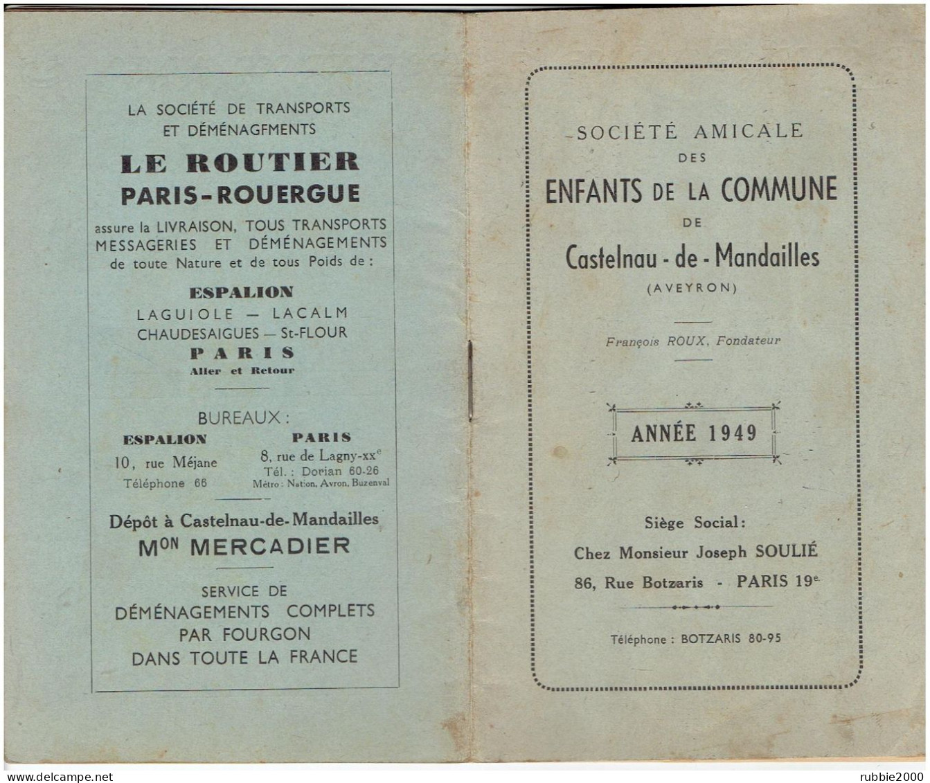 ANNUAIRE 1949 SOCIETE AMICALE DES ENFANTS DE LA COMMUNE DE CASTELNAU DE MANDAILLES ET DU CAMBON AVEYRON - Midi-Pyrénées