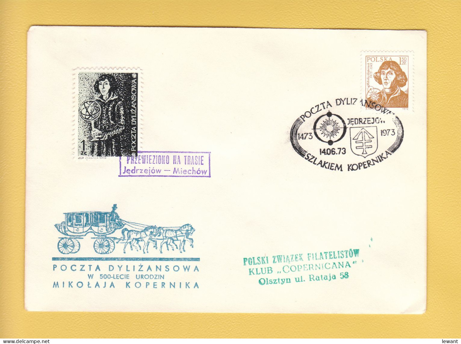 1973 Nicolaus Copernicus - Stagecoach Mail_ZOL_30_JEDRZEJOW - Lettres & Documents