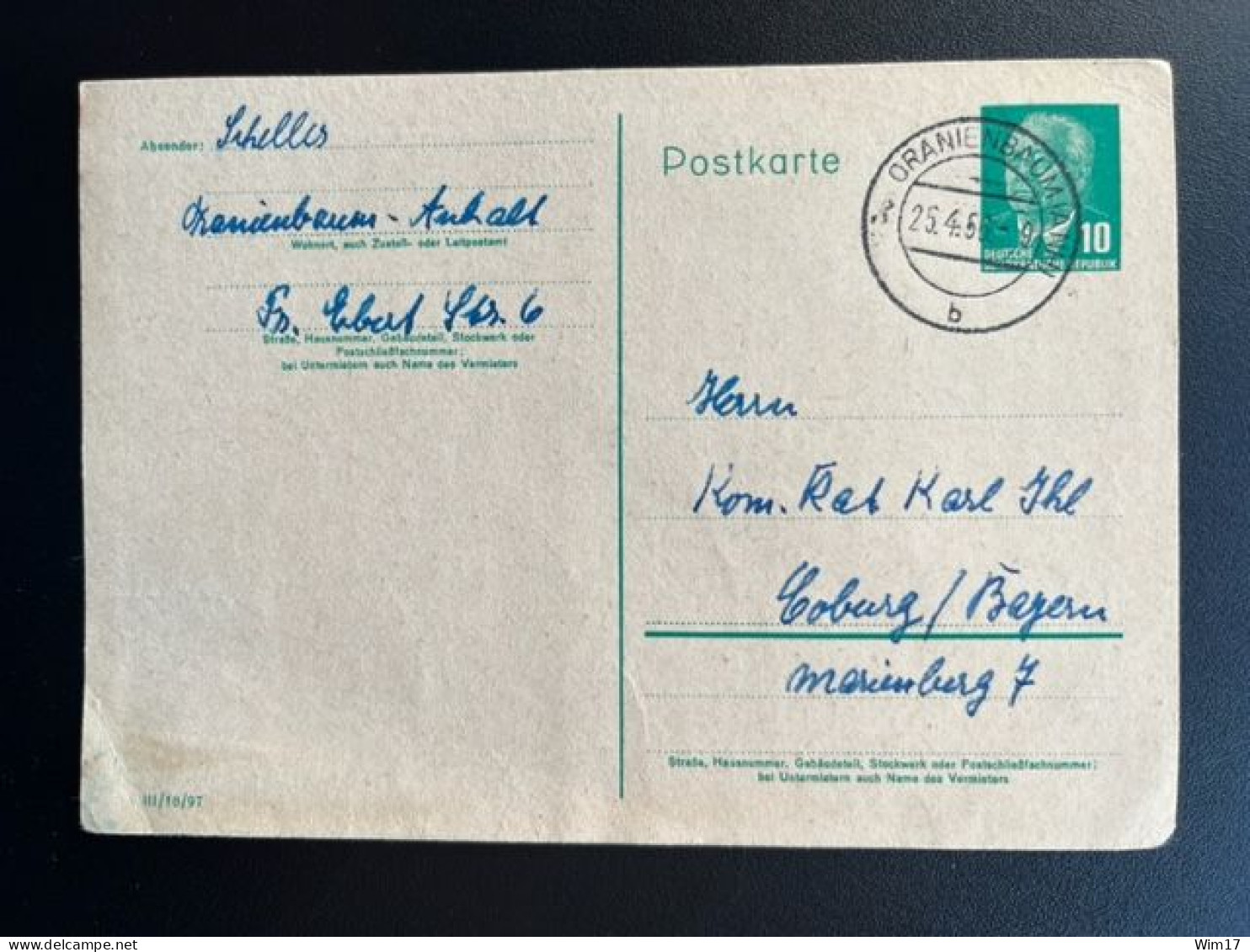 EAST GERMANY DDR 1956 POSTCARD ORANIENBAUM TO COBURG 25-04-1956 OOST DUITSLAND DEUTSCHLAND - Postcards - Used