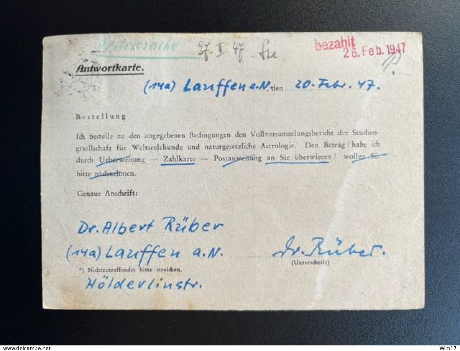 GERMANY 1947 POSTCARD LAUFFEN TO COBURG 20-02-1947 DUITSLAND DEUTSCHLAND - Postwaardestukken