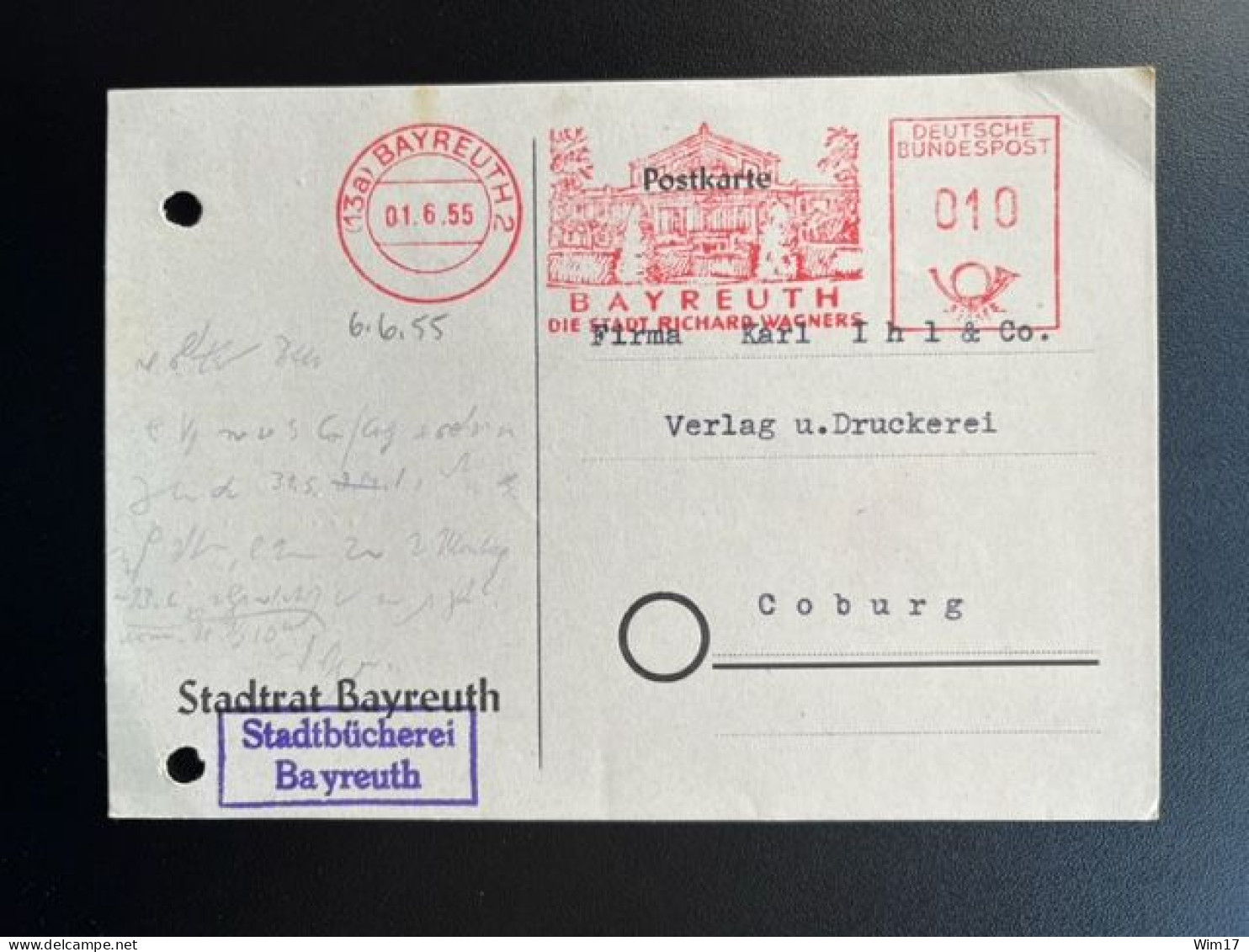 GERMANY 1955 POSTCARD BAYREUTH TO COBURG 01-06-1955 DUITSLAND DEUTSCHLAND RICHARD WAGNER COMPOSERS - Postcards - Used