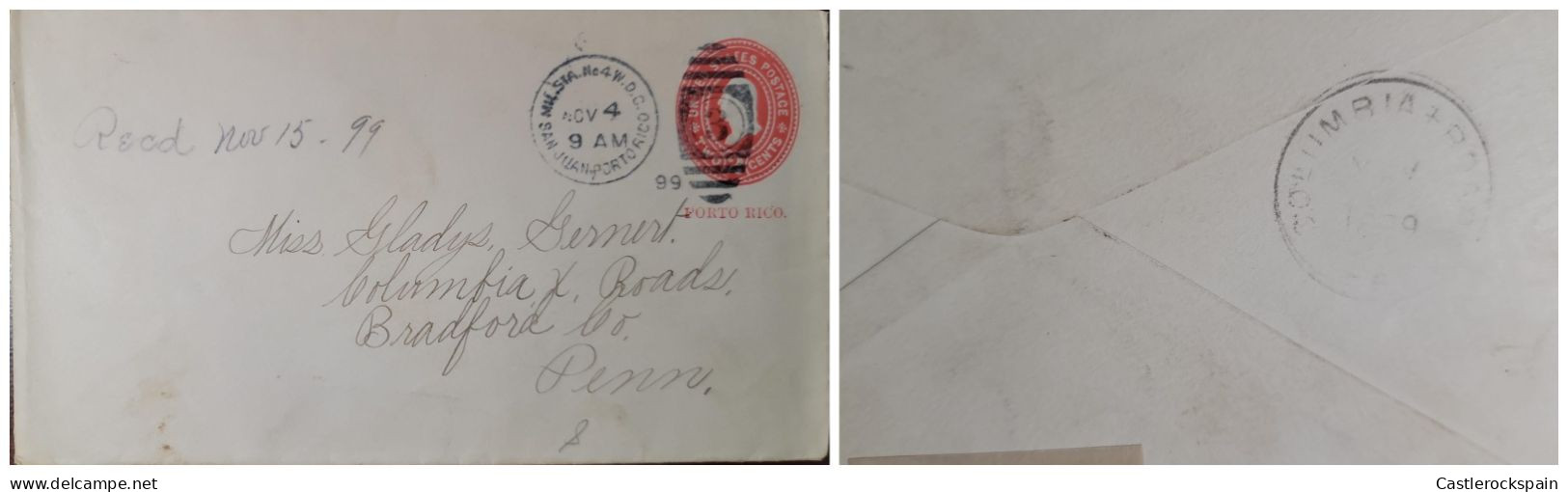 O) 1899 PORTO RICO. MIL STA N°4, USS OCCUPATION, WASHINGTON 2C Red, POSTAL STATIONERY CIRCULATED TO BRADFORD - Puerto Rico