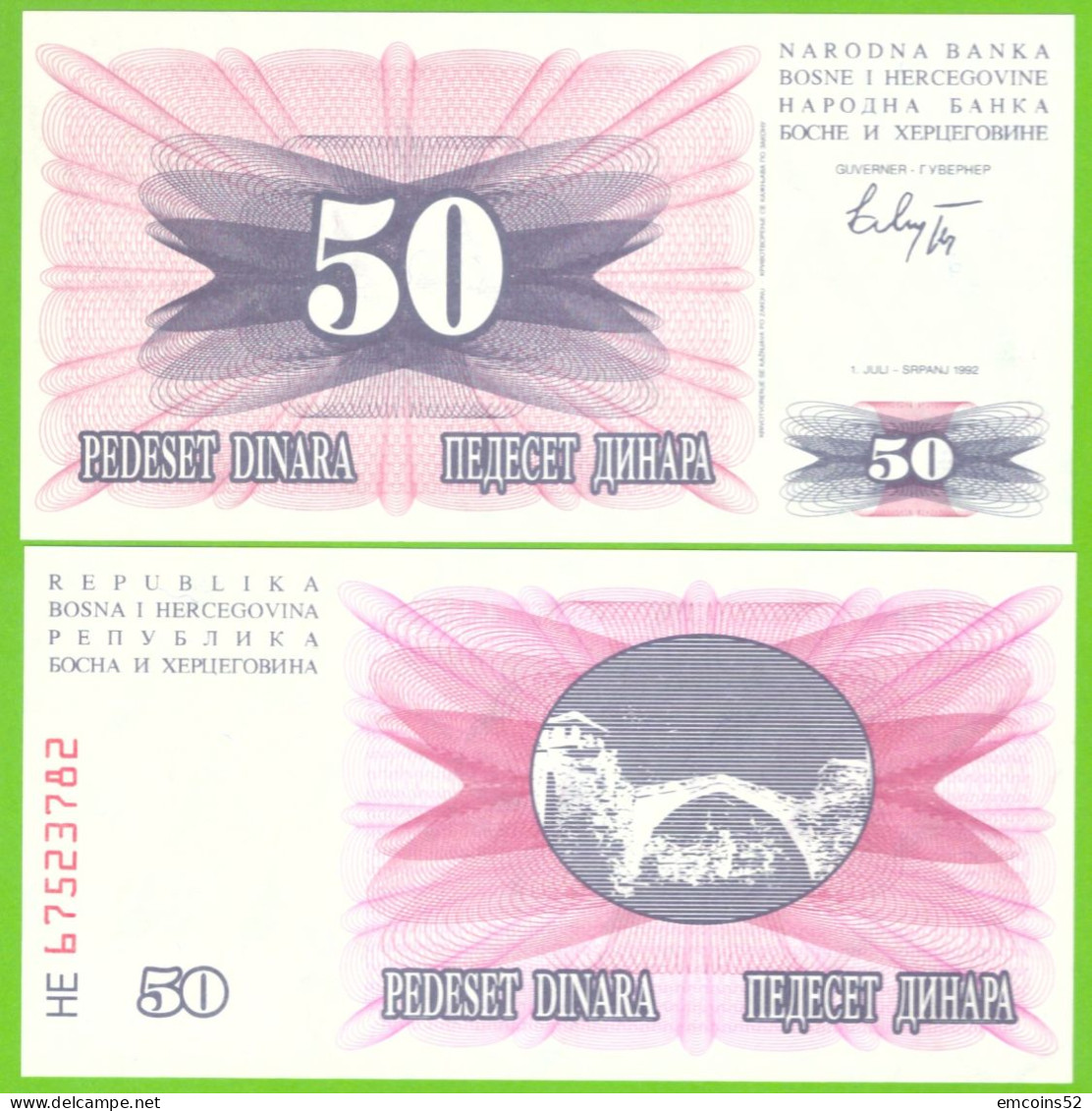 BOSNIA & HERZEGOVINA 50 DINARA 1992 P-12  UNC - Bosnia And Herzegovina