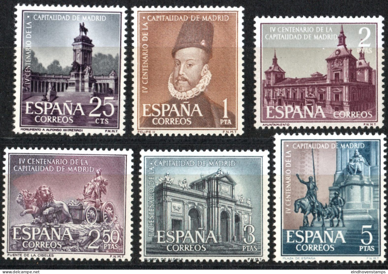 Spain 1961 Madrid Elected As Capital 400 Years Ago 6 Val. MNH King Philpp II, City Hall, Cibeles Fountains, Alcala Gate - Abbeys & Monasteries