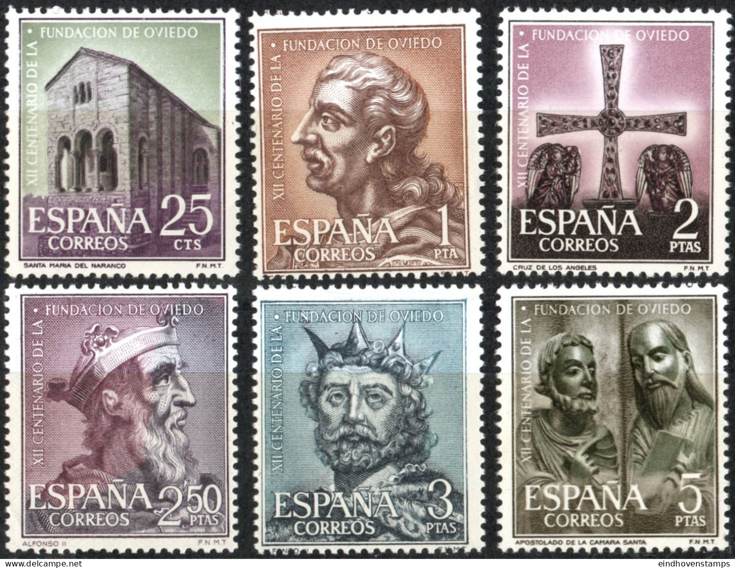 Spain 1961 Oviedo 1200 Year 6 Val. MNH Kings Fruela (Asturia), Alfons II & III, Bronze Statue Cathedral Oviedo - Abbayes & Monastères