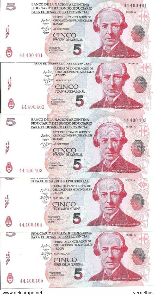 ARGENTINE 5 PESOS LECOP 2006 AUNC ( 5 Billets ) - Argentina