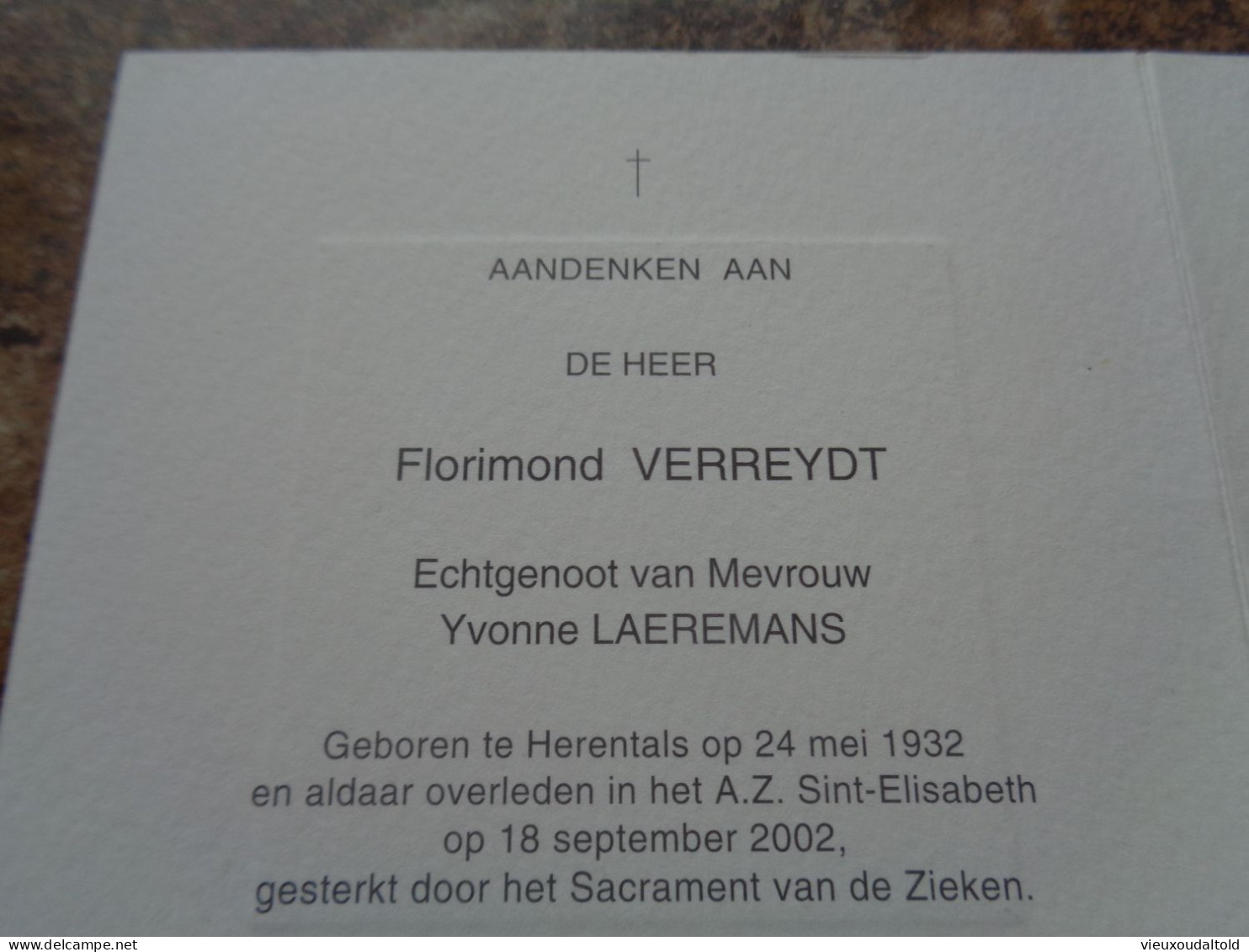 Doodsprentje/Bidprentje   Florimond VERREYDT   Herentals 1932-2002  (Echtg Y. Laeremans) - Religion & Esotérisme