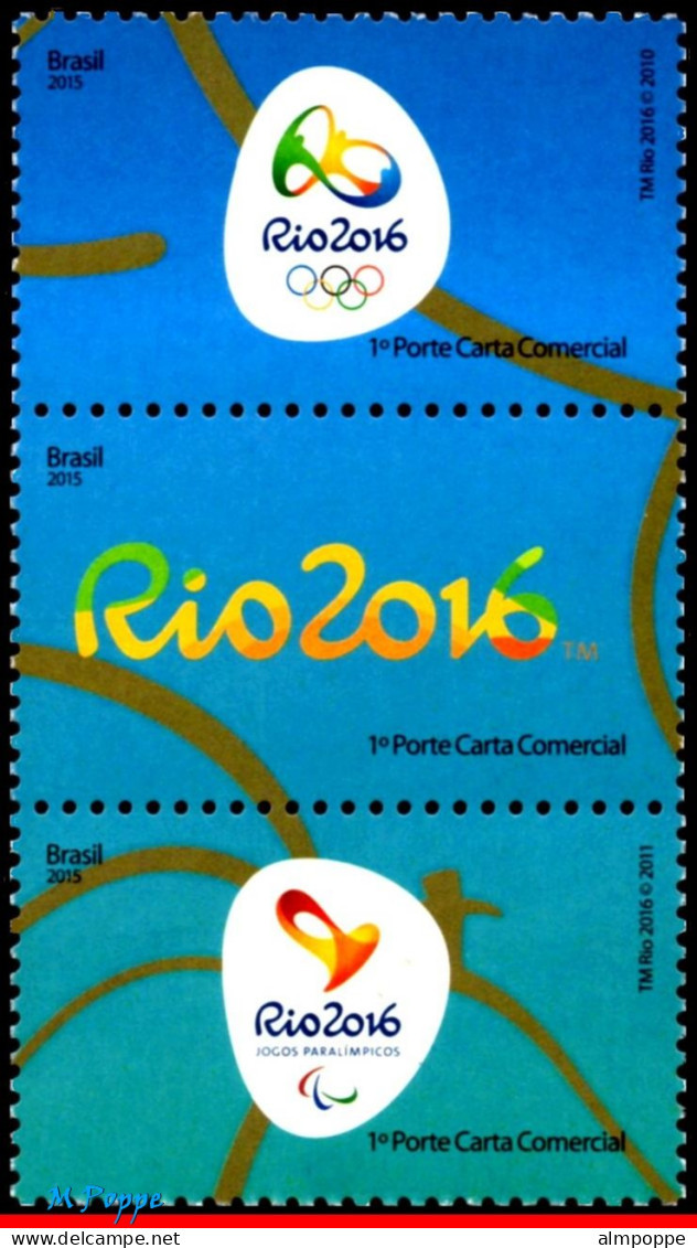 Ref. BR-3317HMR BRAZIL 2015 - OLYMPIC AND PARALYMPICGAMES, RIO 2016, LOGOS, STAMPS 3RD, MNH, SPORTS 3V Sc# 3317HMR - Summer 2016: Rio De Janeiro