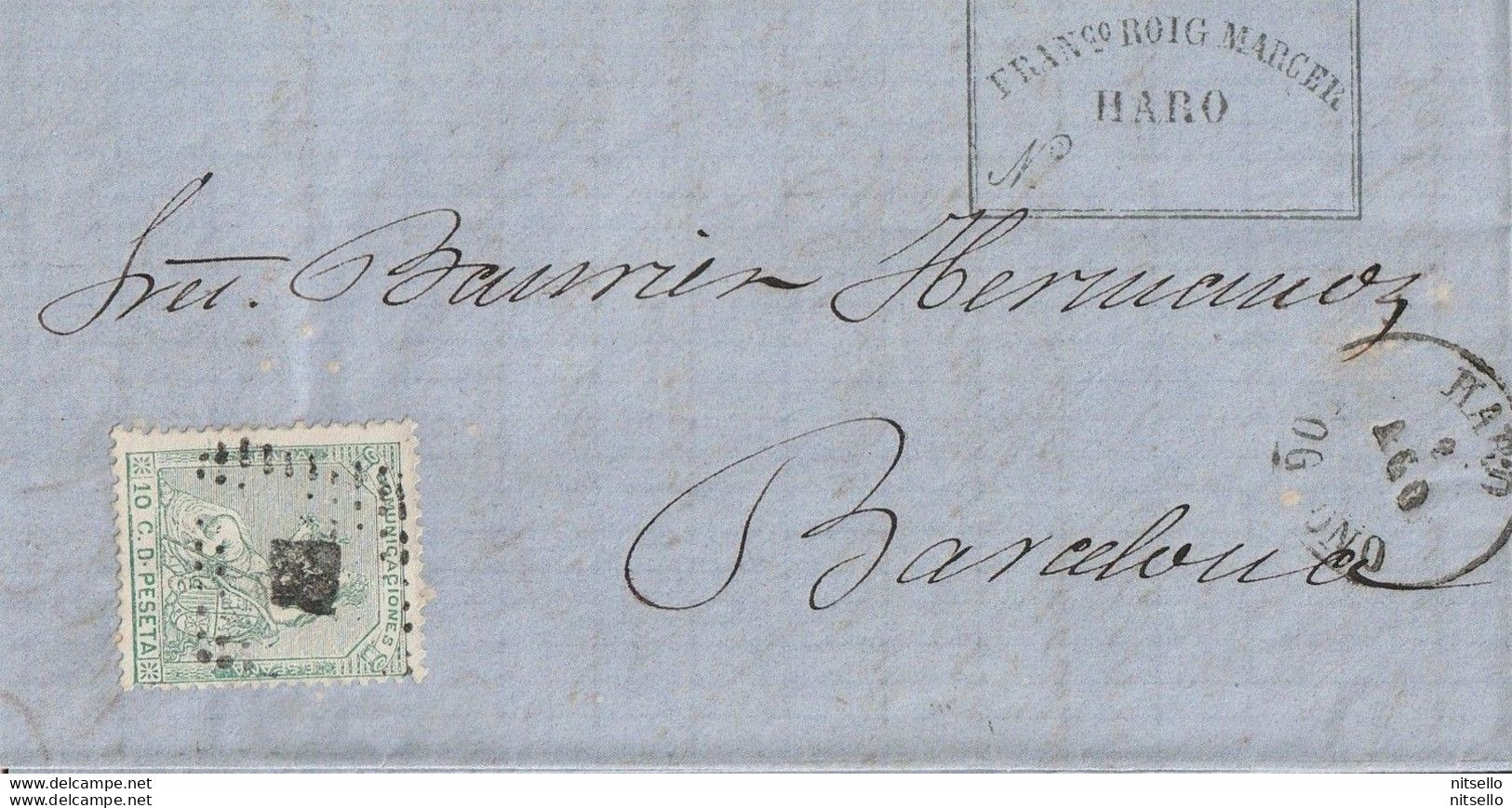 LOTE 2191 B // (C160)  ESPAÑA 1874-CARTA-Edifil: 133. ALEGORIA DE ESPAÑA. HARO A BARCELONA - Briefe U. Dokumente