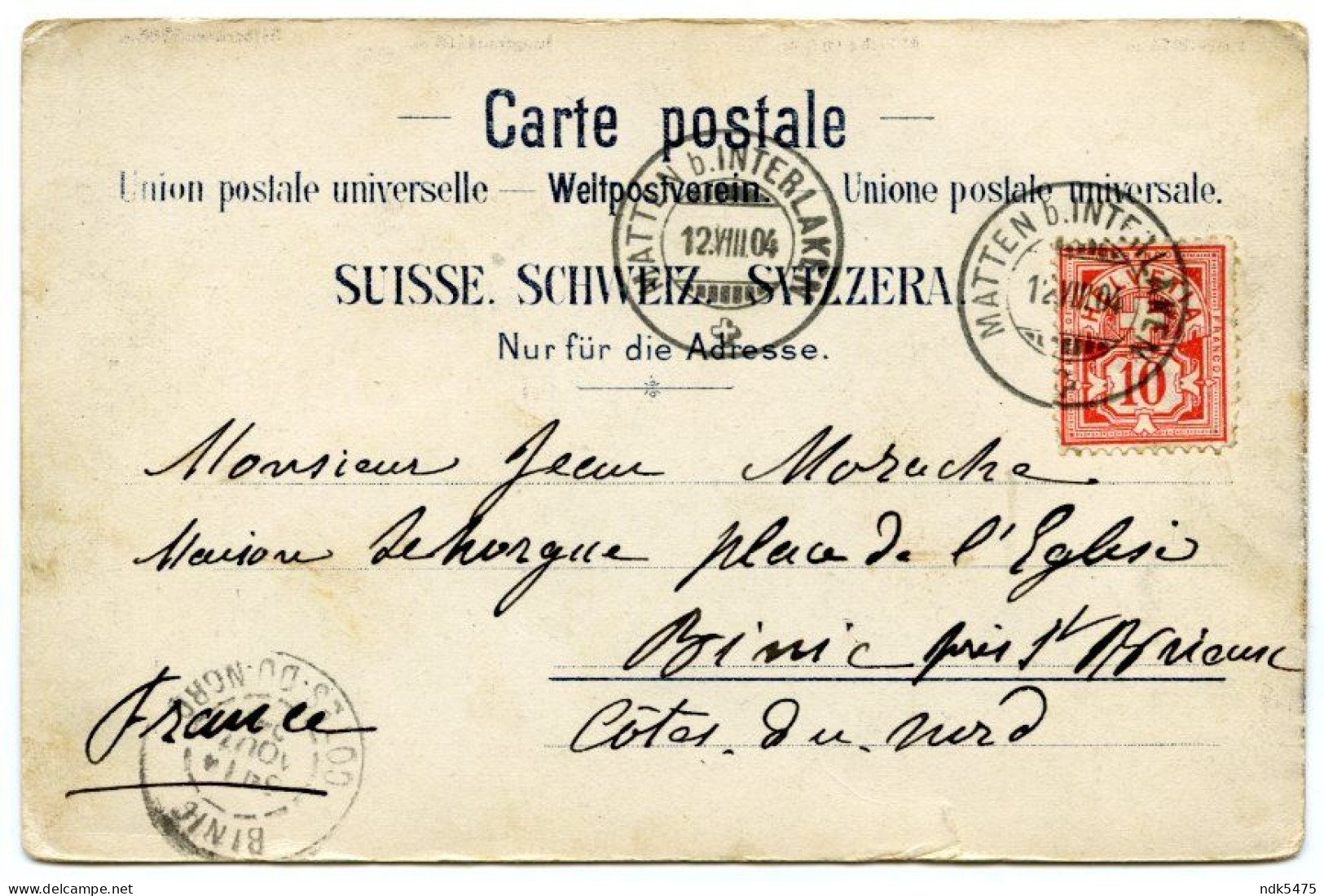 LA SUISSE : MURREN ELECTR. BAHN / MATTEN POSTMARK / BINIC, ST BRIEUC, PLACE DE L'EGLISE (MORACHE) - Mürren