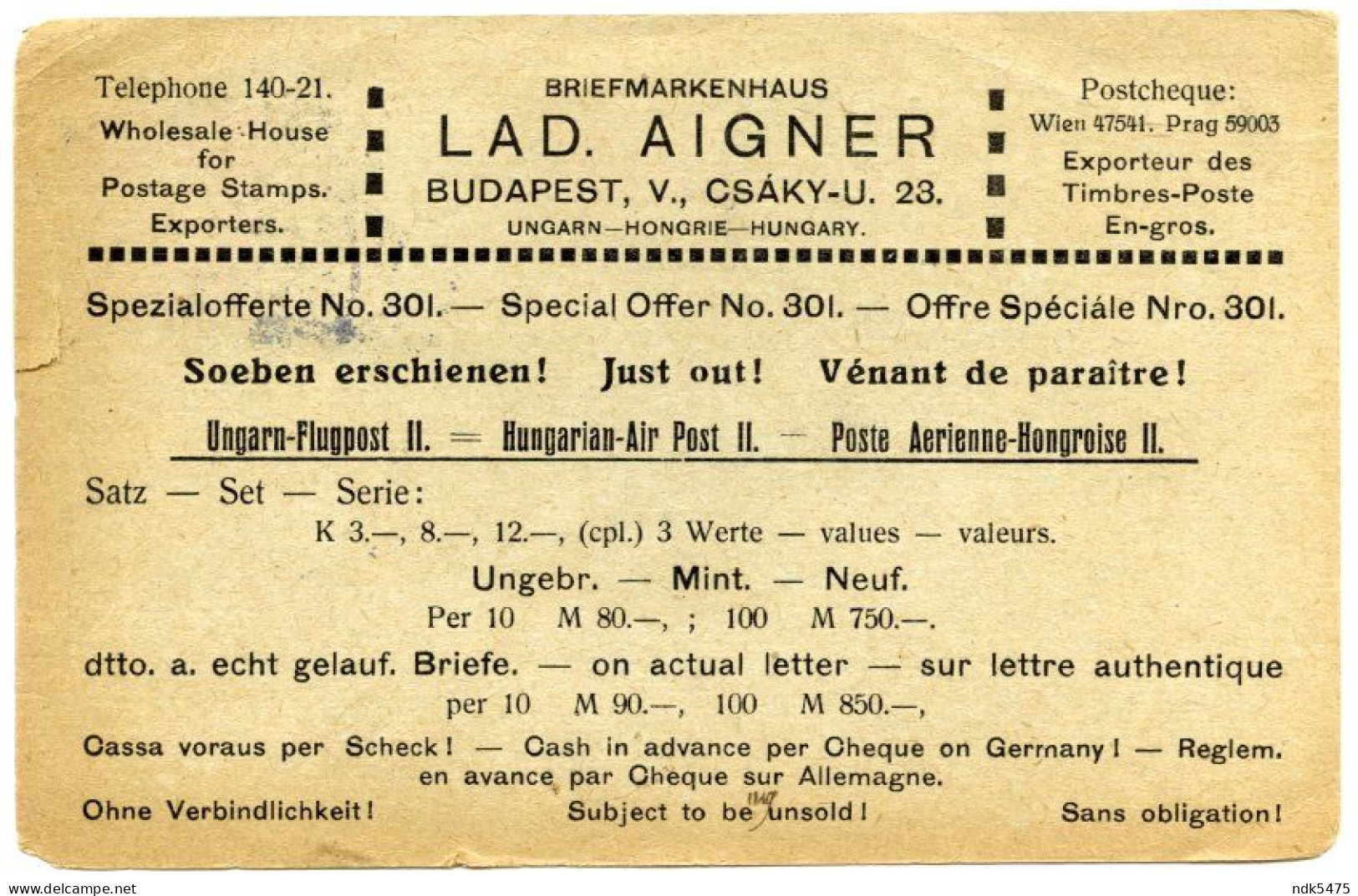 HUNGARY : AIGNER - STAMPS, TIMBRES - BUDAPEST, CSAKY-U. / AIR POST, 1920 / CONSETT, STANLEY, ELMFIELD RD. (CHARANCE) - Ganzsachen