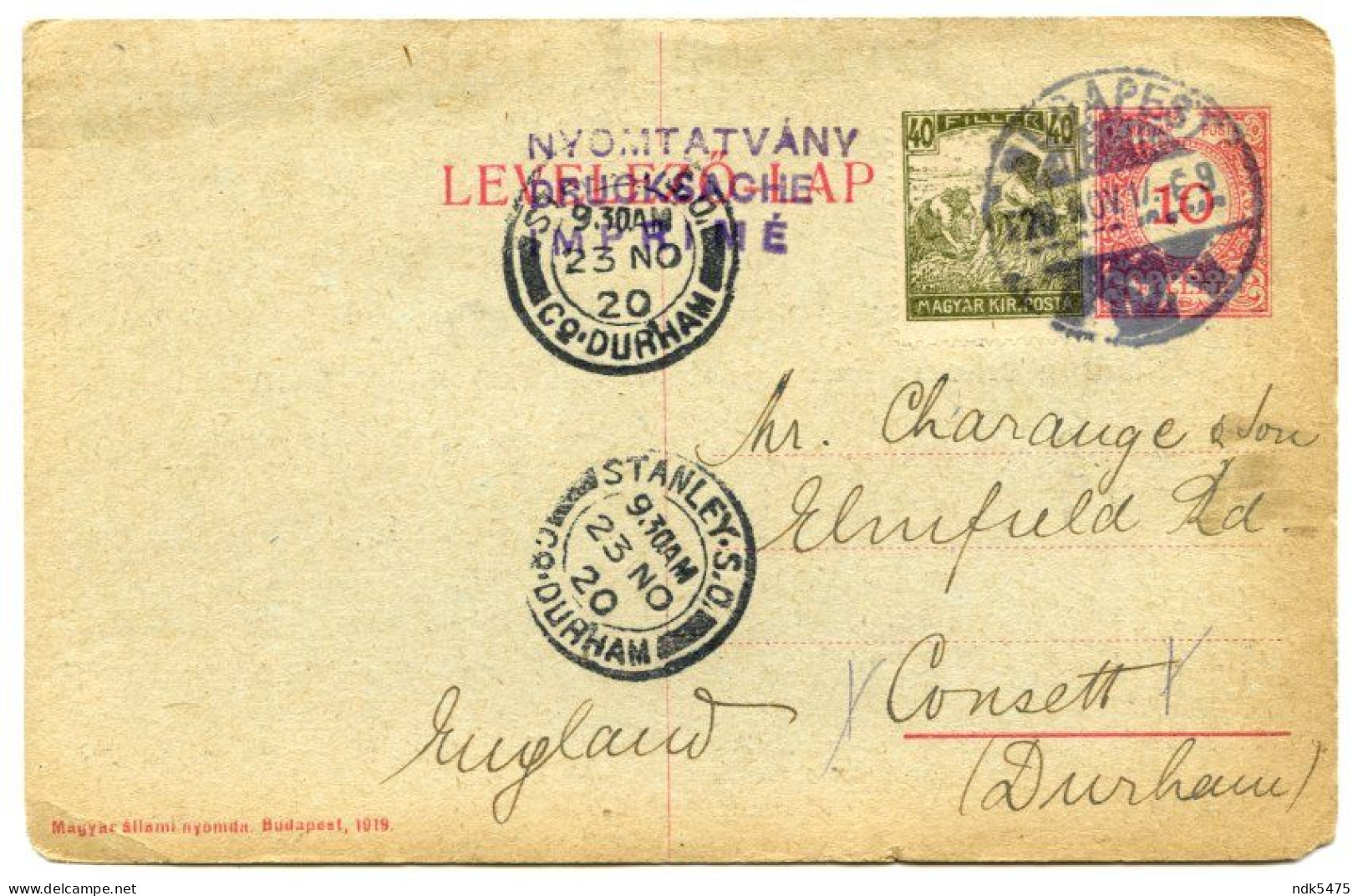 HUNGARY : AIGNER - STAMPS, TIMBRES - BUDAPEST, CSAKY-U. / AIR POST, 1920 / CONSETT, STANLEY, ELMFIELD RD. (CHARANCE) - Interi Postali