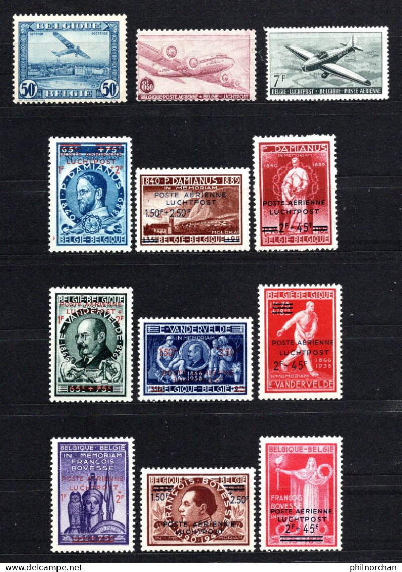 Belgique 1930 à 1951 Poste Aérienne Neufs** N1,9,15 à 23,29  12 Timbres Différents  2,50 €  (cote 15,90 €) - Ungebraucht