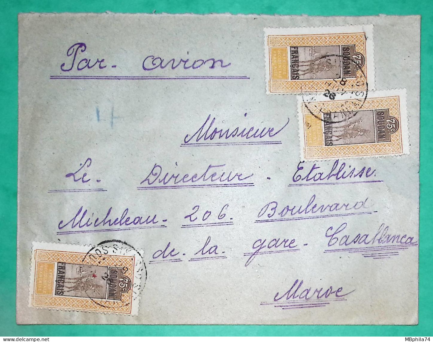 BELLE LETTRE PAR AVION SOUDAN FRANCAIS SIKASSO POUR CASABLANCA MAROC 1926 LETTRE COVER FRANCE - Covers & Documents