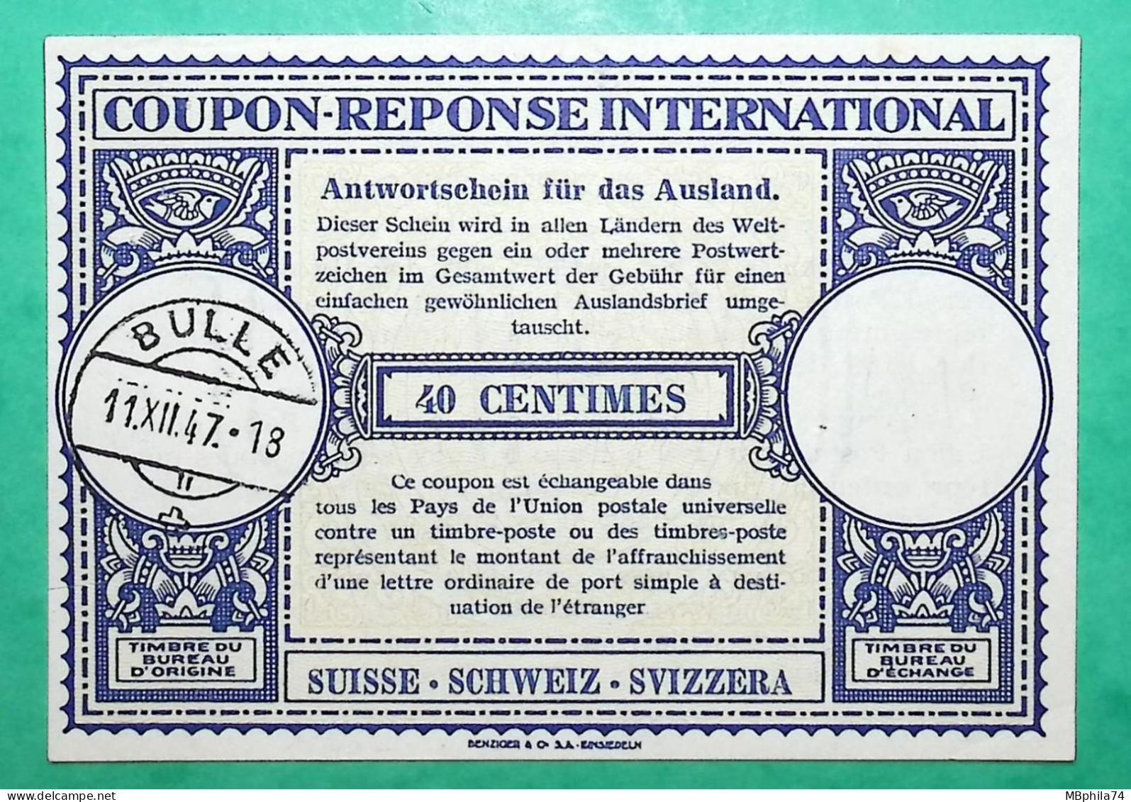 COUPON REPONSE INTERNATIONAL BULLE SUISSE 40C 1947 - Cupón-respuesta