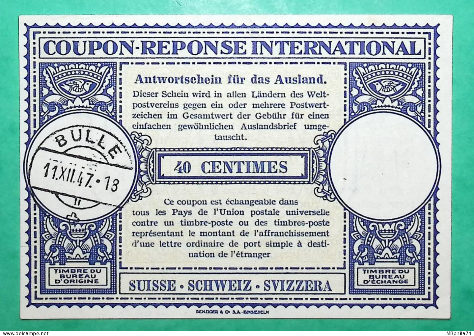 COUPON REPONSE INTERNATIONAL BULLE SUISSE 40C 1947 - Reply Coupons