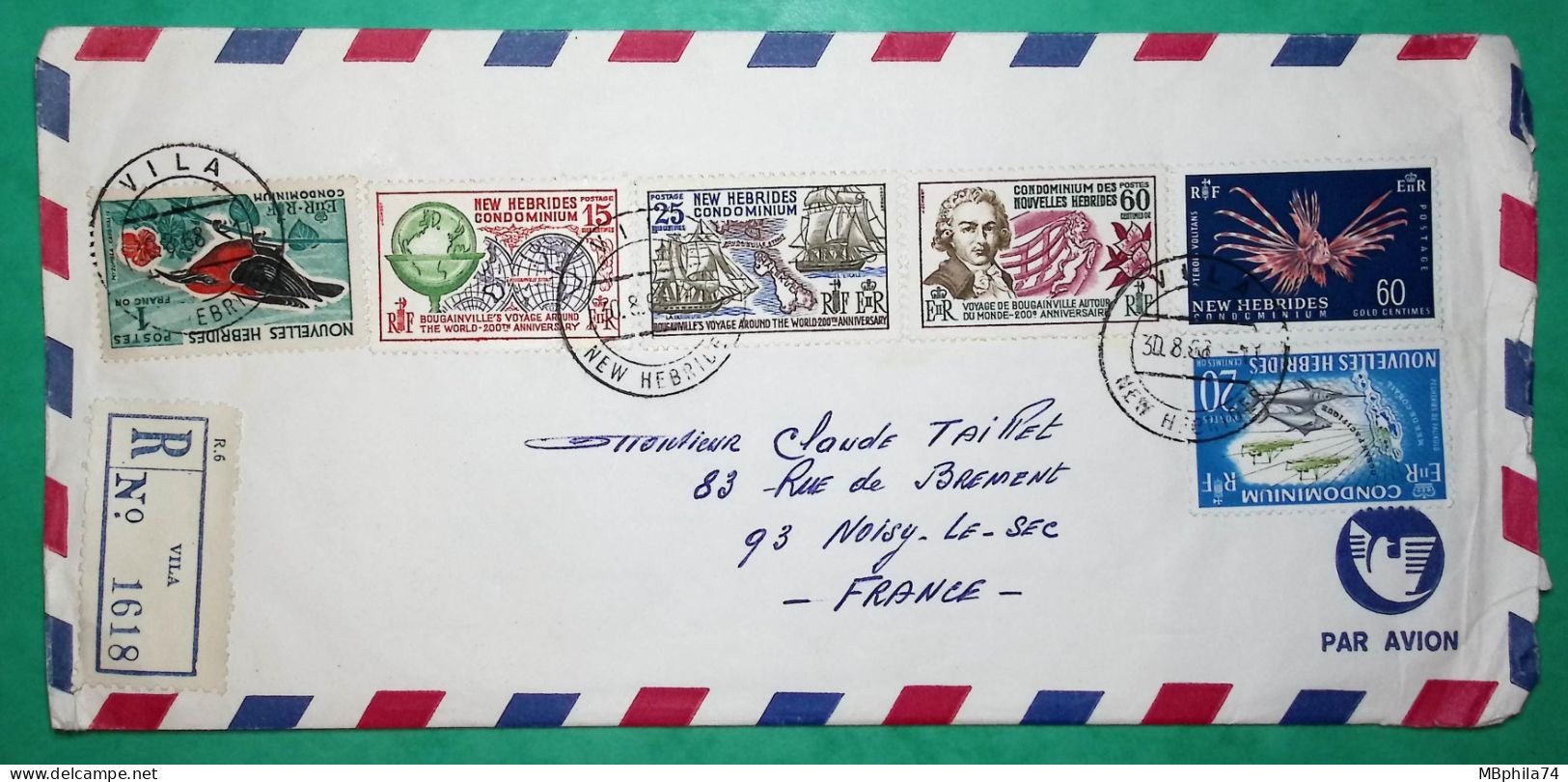 RECOMMANDE VILA NOUVELLES HEBRIDES NEW HEBRIDES POUR NOISY LE SEC 1968 LETTRE COVER - Covers & Documents