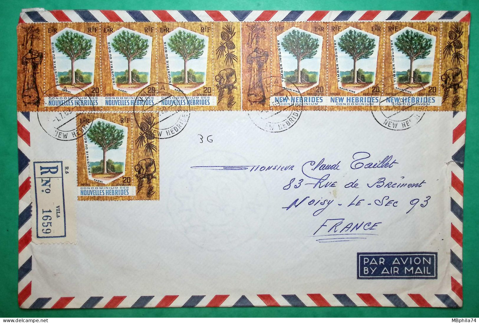 RECOMMANDE VILA NOUVELLES HEBRIDES NEW HEBRIDES TIMBRES STAMPS KAURI KAORI PINE POUR NOISY LE SEC FRANCE 1969 COVER - Covers & Documents