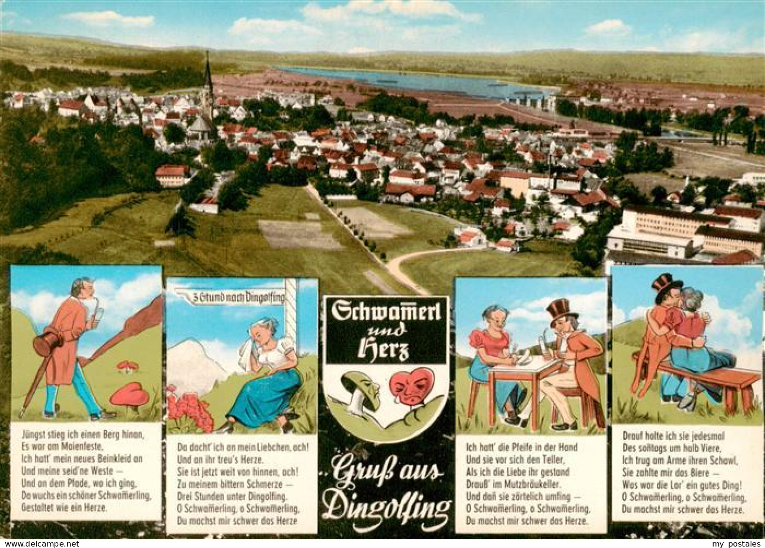 73951507 Dingolfing Panorama Luftaufnahme Karikaturen Schwammerl Und Herz - Dingolfing