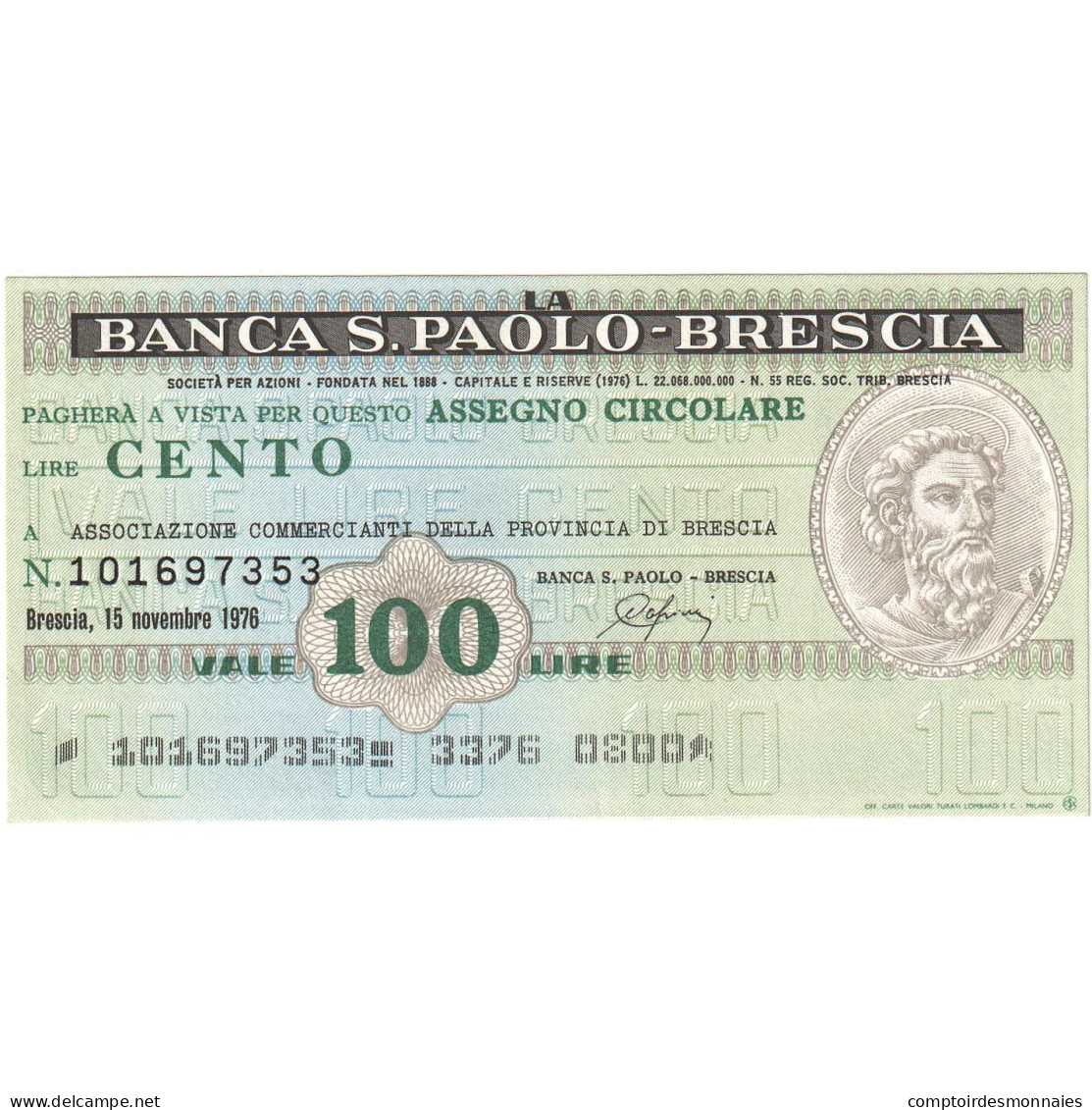 Billet, Italie, 100 Lire, 1976, 1976-11-15, Brescia, NEUF - [10] Cheques Y Mini-cheques