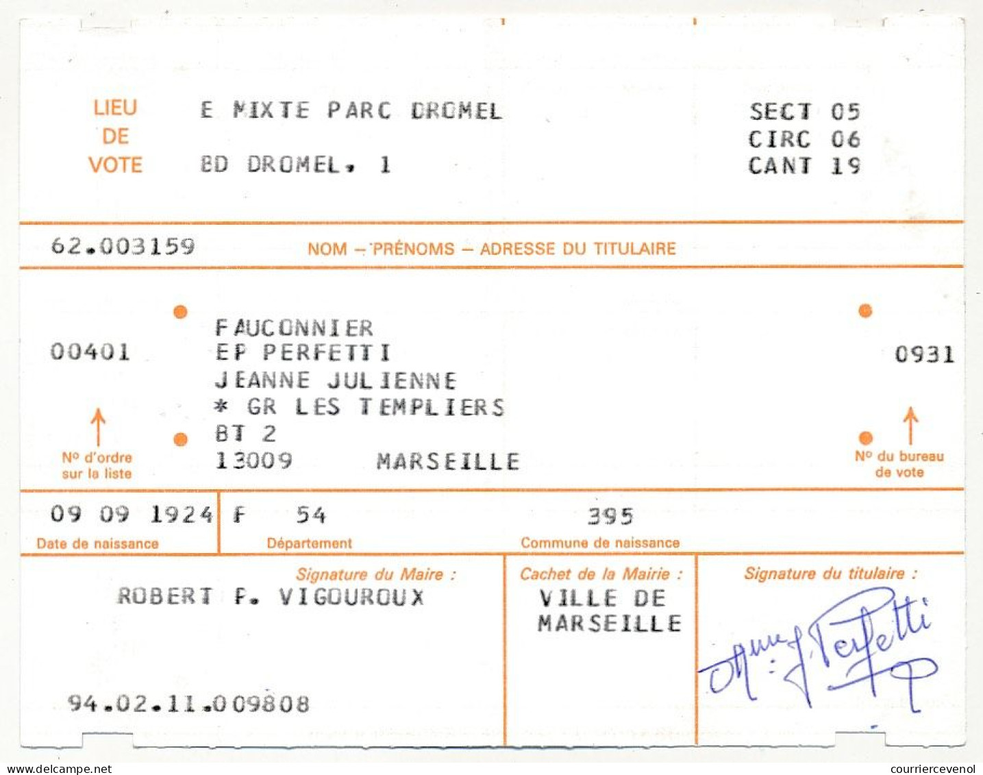 FRANCE - Carte électorale X2 Ex. (Couple) Elections De Juin 1994 - Marseille - Historische Documenten