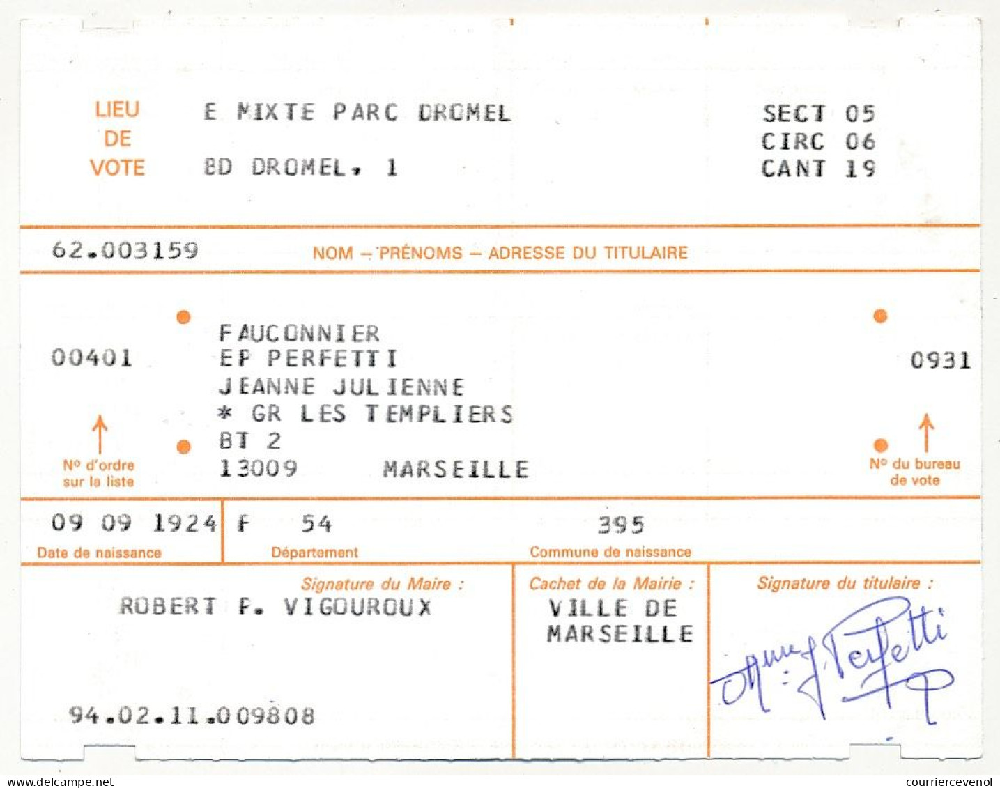 FRANCE - Carte électorale X2 Ex. (Couple) Elections De Juin 1994 - Marseille - Documents Historiques