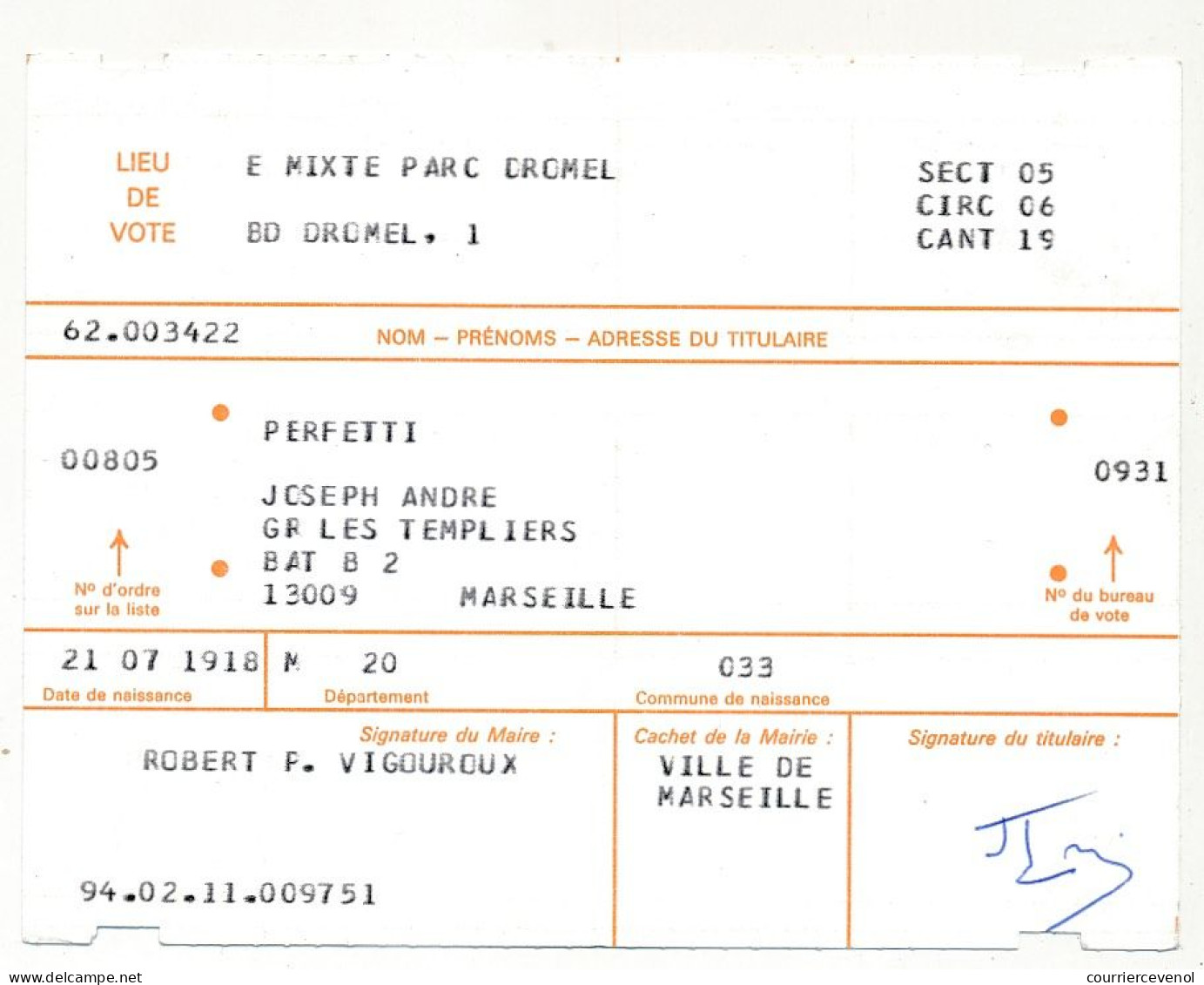 FRANCE - Carte électorale X2 Ex. (Couple) Elections De Juin 1994 - Marseille - Documents Historiques
