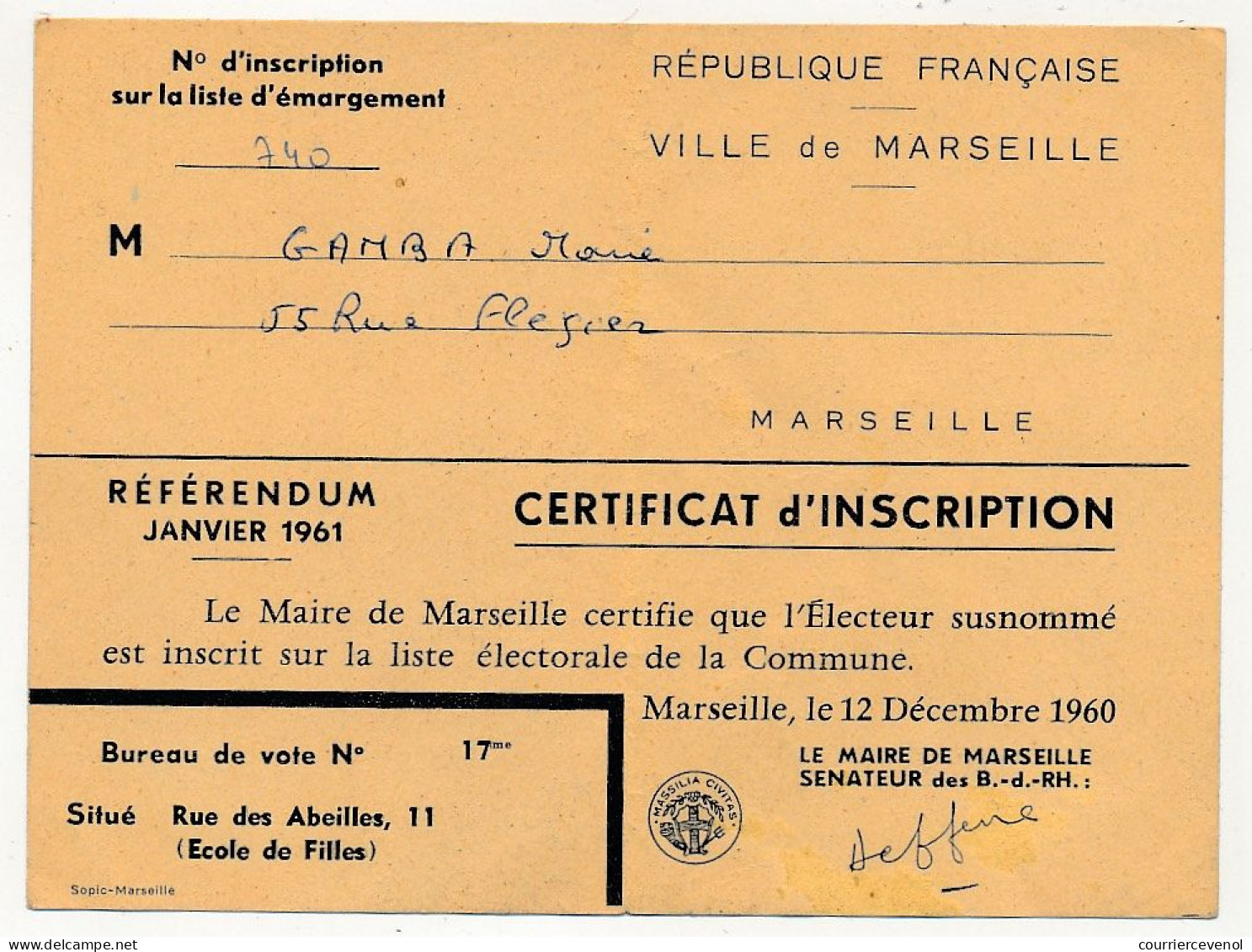 FRANCE - Certificat D'Inscription Sur Liste électorale Marseille 12/12/1960 - REFERENDUM Janvier 1961 - Defferre - Documents Historiques