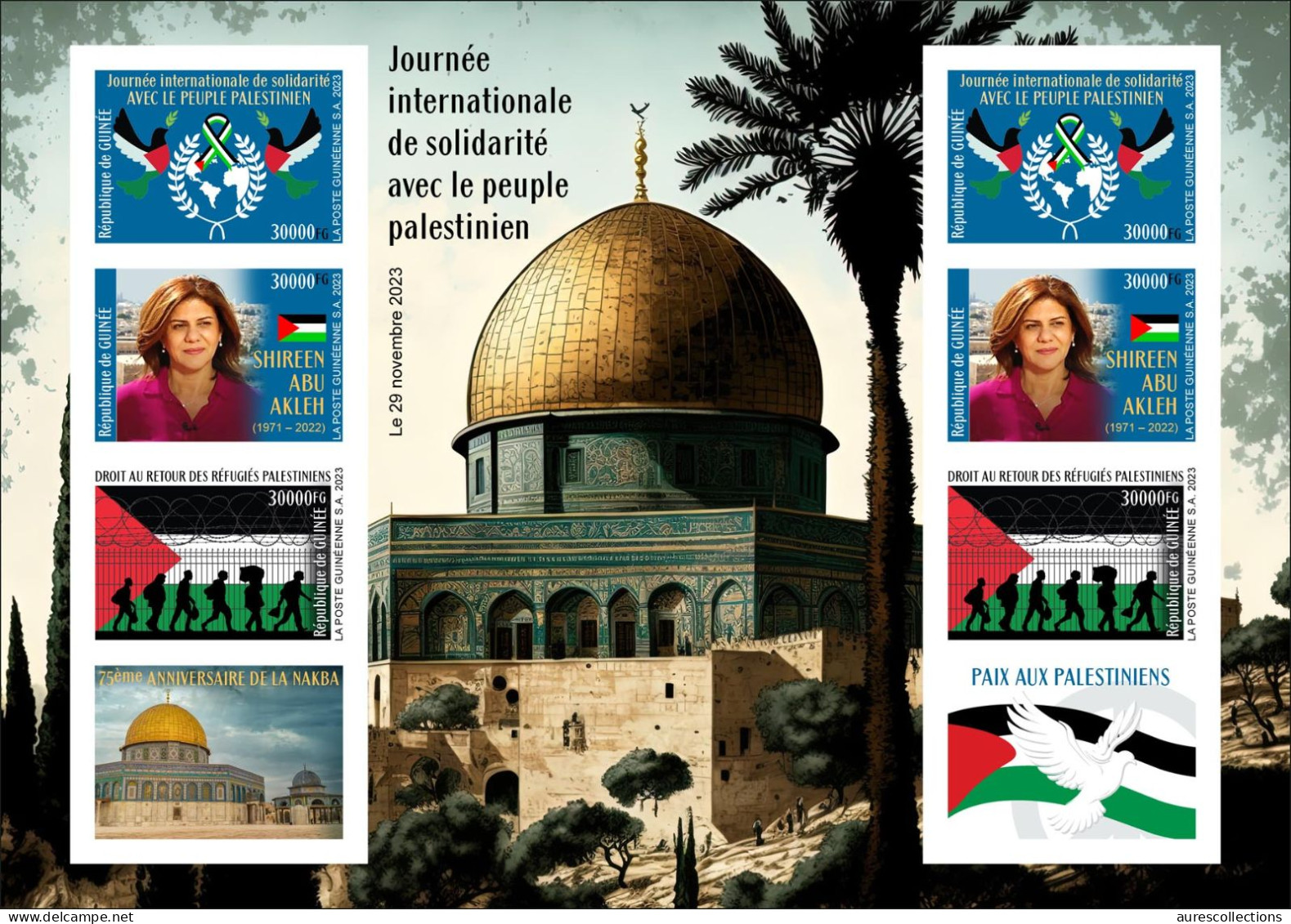 GUINEA 2023 IMPERF M/S 8V PALESTINE JERUSALEM - SOLIDARITY PALESTINIAN PEOPLE - SHIREEN ABU AKLEH - RIGHT OF RETURN- MNH - Islam