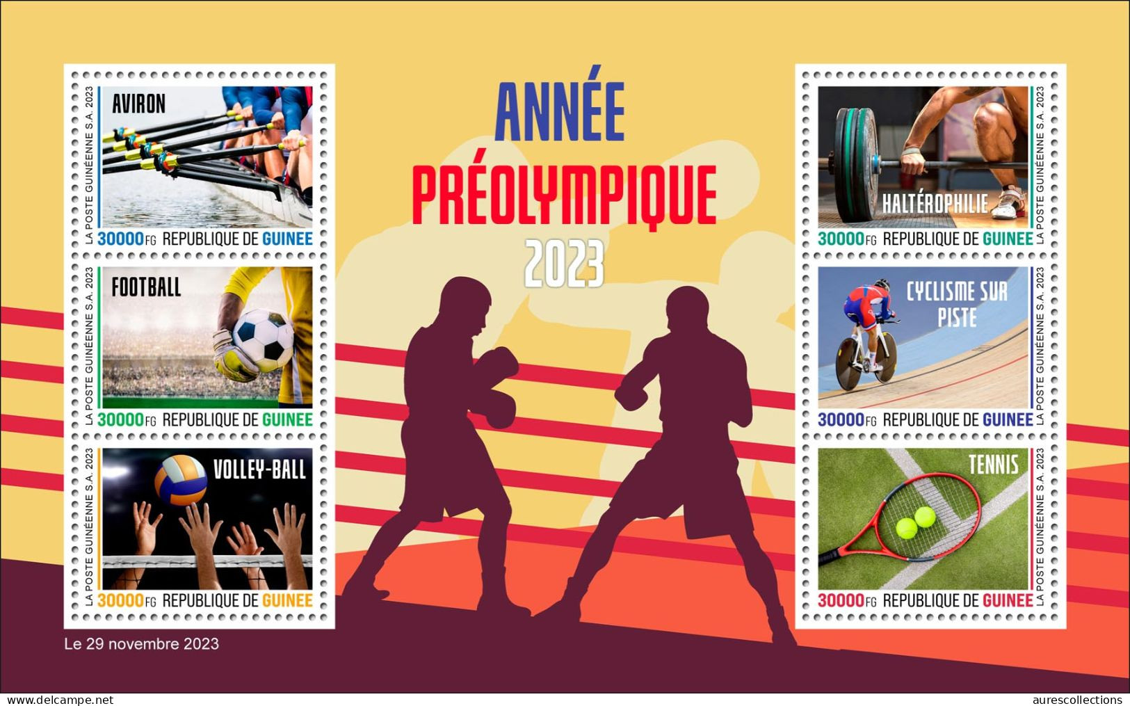 GUINEA 2023 M/S 6V OLYMPIC GAMES PARIS 2024 - ROWING FOOTBALL VOLLEYBALL TENNIS CYCLING WEIGHTLIFTING BOXING AVIRON MNH - Verano 2024 : París