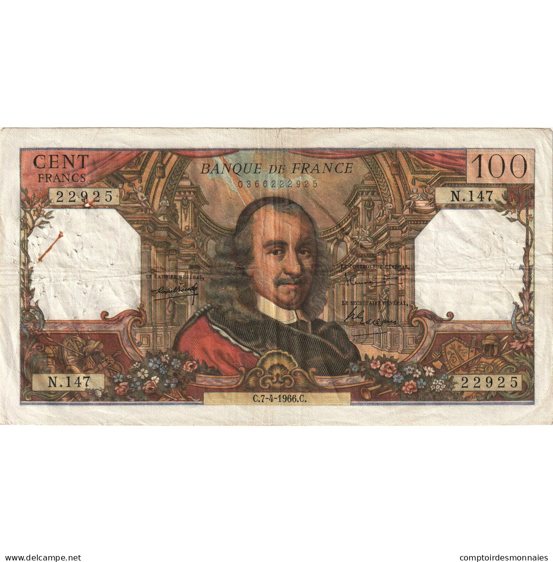 France, 100 Francs, Corneille, 1966-04-07, N.147, TB+ - 100 F 1964-1979 ''Corneille''