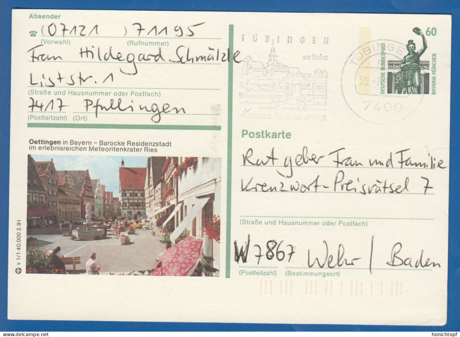 Deutschland; BRD; Postkarte; 60 Pf Bavaria München; Oettingen, Bayern; Bild2 - Bildpostkarten - Gebraucht