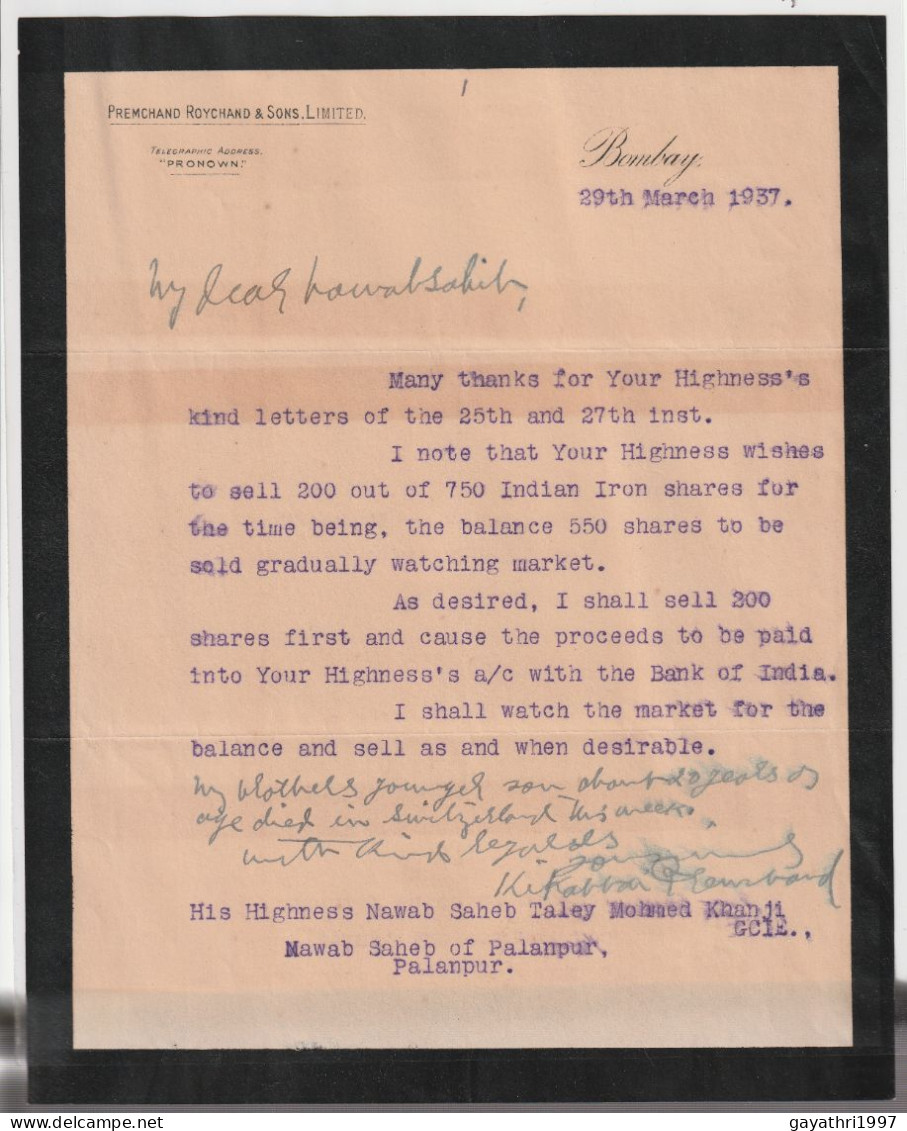 India 1937 Letter From Premchand Roychand & Sons HIS HIGHNESS NAWAB TALEY MOHMED KHANJI   Palace Palanpur  (209) - Koninklijke Families