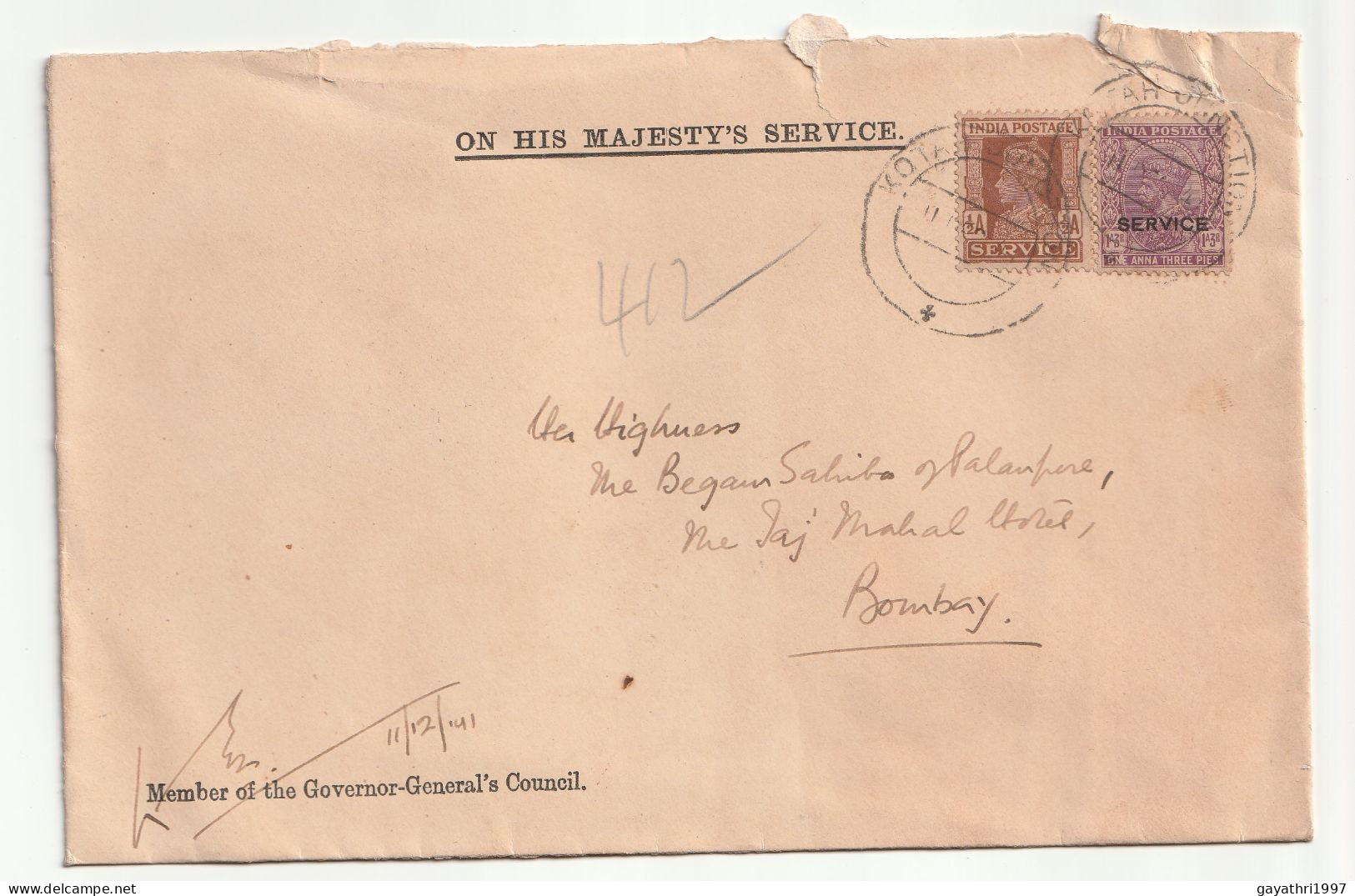 India 1941 Service Stamps On Cover From Member Of The Governor- General's Council To Highness Palanpur (210) - Dienstzegels