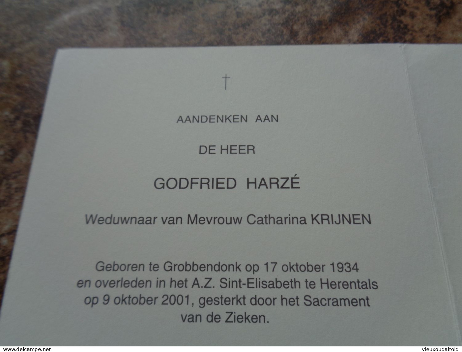 Doodsprentje/Bidprentje   GODFRIED HARZÉ   Grobbendonk 1934-2001 Herentals  (Wdr C. Krijnen) - Religion & Esotérisme