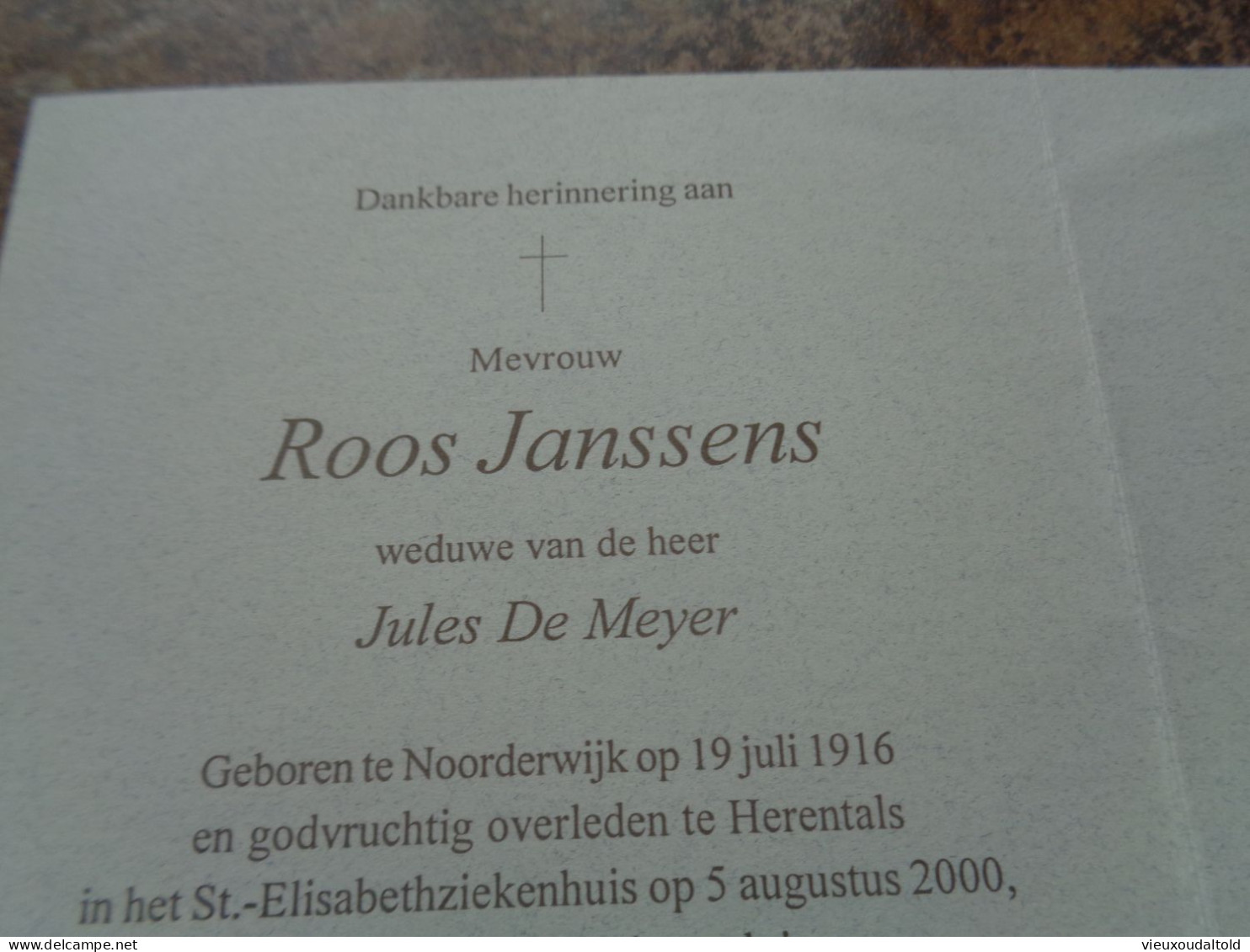 Doodsprentje/Bidprentje  Roos Janssens   Noorderwijk 1916-2000 Herentals  (Wwe Jules De Meyer) - Religion & Esotérisme