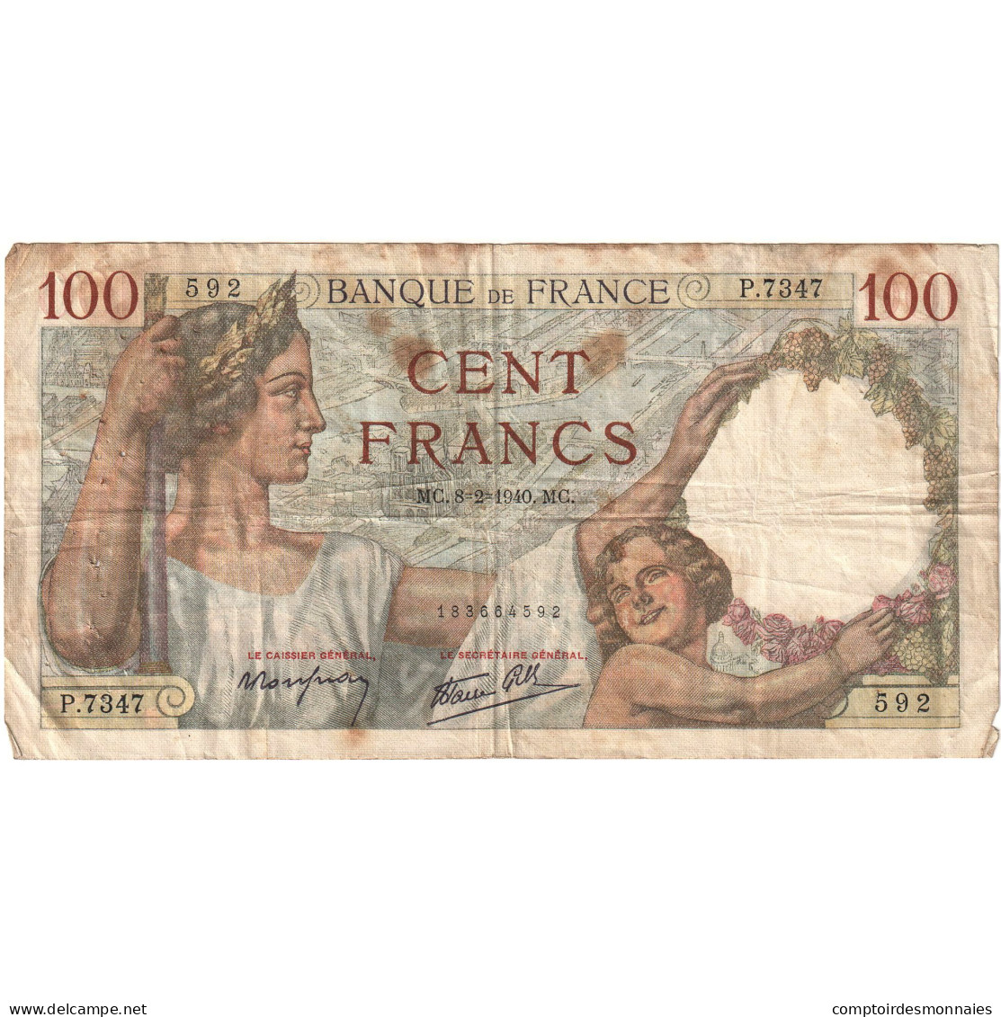 France, 100 Francs, Sully, 1940, P.7347 592, B, Fayette:26.52, KM:94 - 100 F 1939-1942 ''Sully''