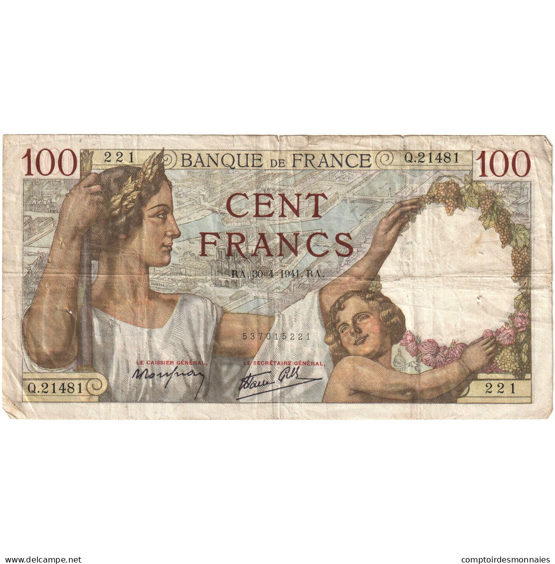 France, 100 Francs, Sully, 1941, Q.21481 221, TB+, Fayette:26.52, KM:94 - 100 F 1939-1942 ''Sully''