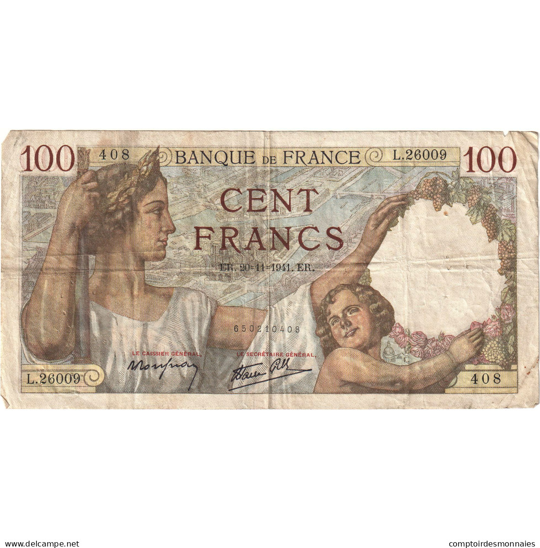 France, 100 Francs, Sully, 1941, L.26009 408, TB, Fayette:26.52, KM:94 - 100 F 1939-1942 ''Sully''