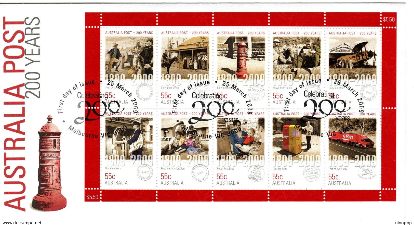 Australia 2009 Australia Post 200 Years Sheetlet ,FDI - Marcofilia