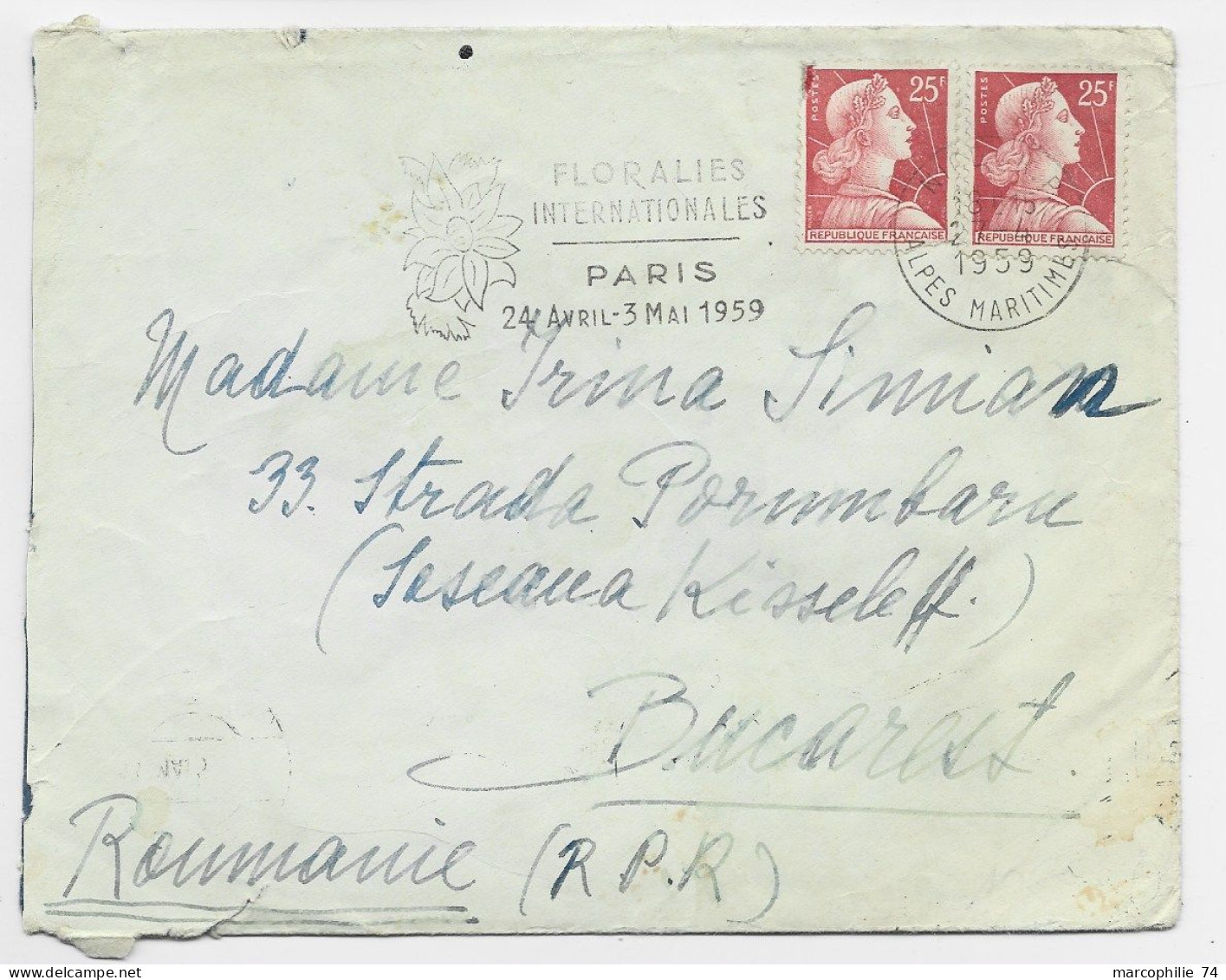 MULLER 25FRX2  LETTRE COVER MEC NICE 21.4.1959 TO ROUMANIE ROMANIA - 1955-1961 Marianna Di Muller