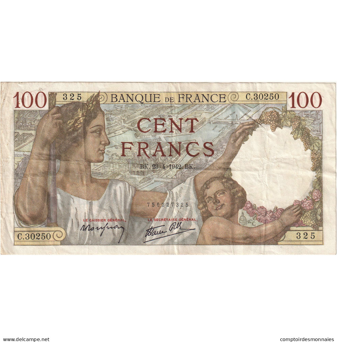 France, 100 Francs, Sully, 1942, C.30250 325, SUP, Fayette:26.52, KM:94 - 100 F 1939-1942 ''Sully''