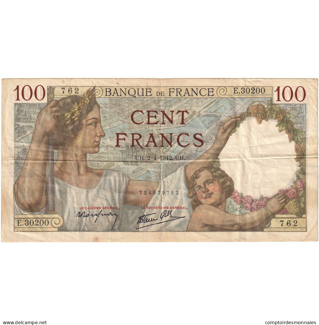 France, 100 Francs, Sully, 1942, E.30200 762, TTB, Fayette:26.52, KM:94 - 100 F 1939-1942 ''Sully''