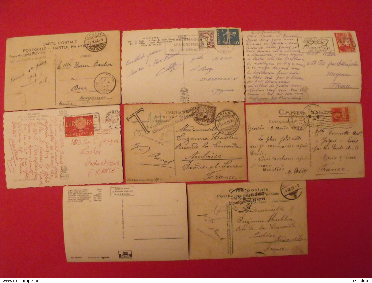 lot de 8 cartes postales. Suisse. Rheinfall Spiez Genève Zurich Lac Léman Lausanne Ouchy Luzern