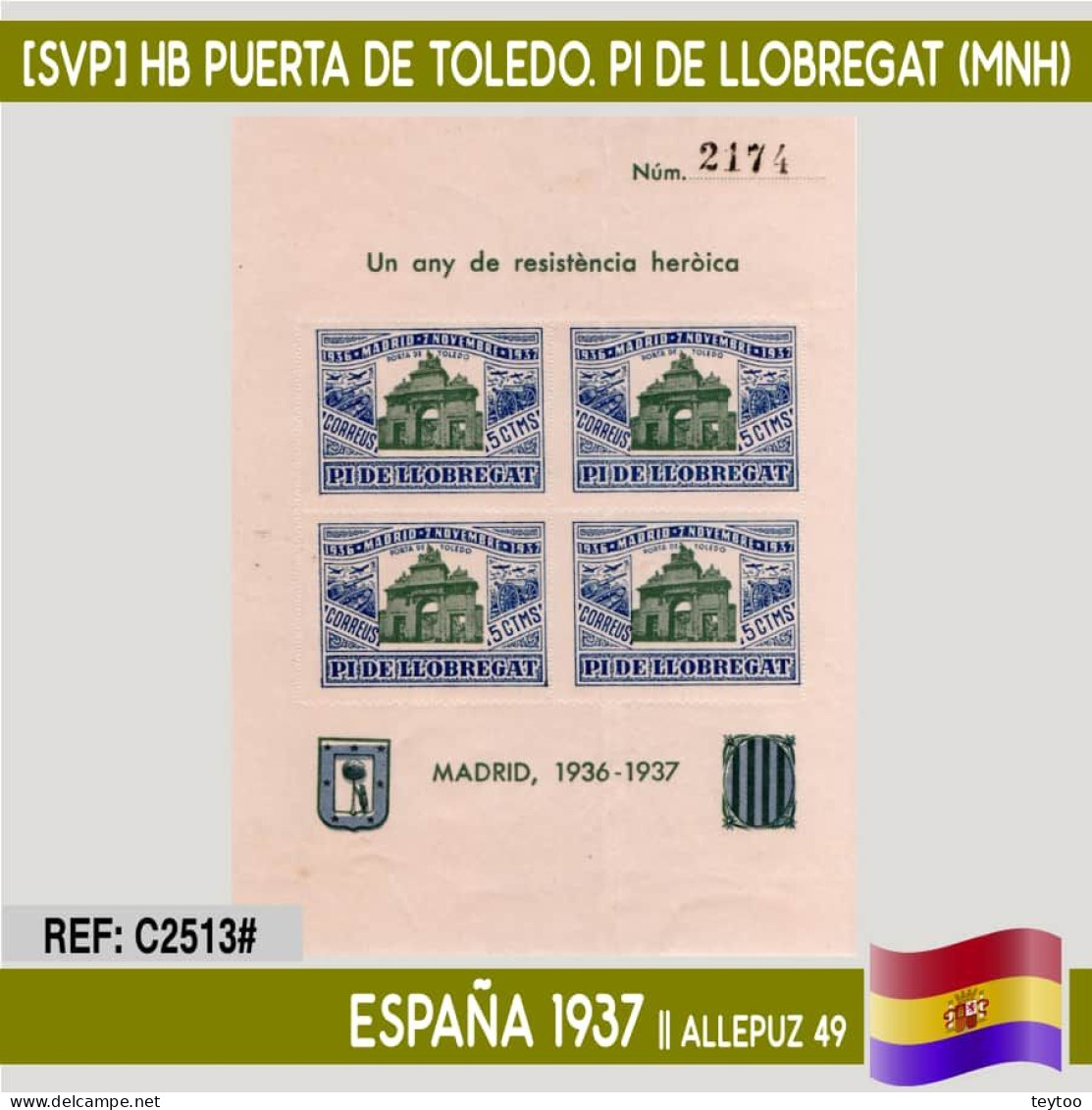 C2513# España 1937 [SVP] HB Pi De Llobregat. Puerta De Toledo (MNH) - Emisiones Repúblicanas