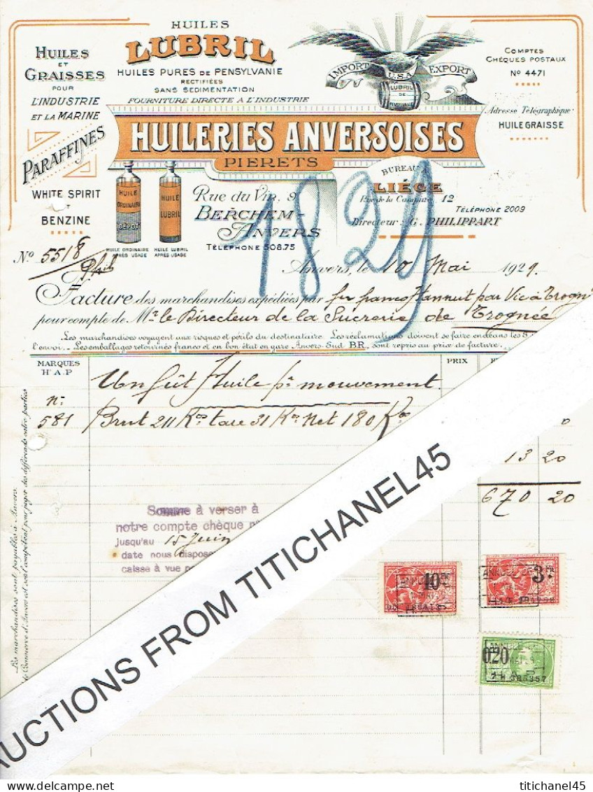 Factuur Van 1929 - BERCHEM - ANTWERPEN - HUILERIES ANVERSOISES - Huiles & Graisses, Paraffines, White Spirit - Andere & Zonder Classificatie