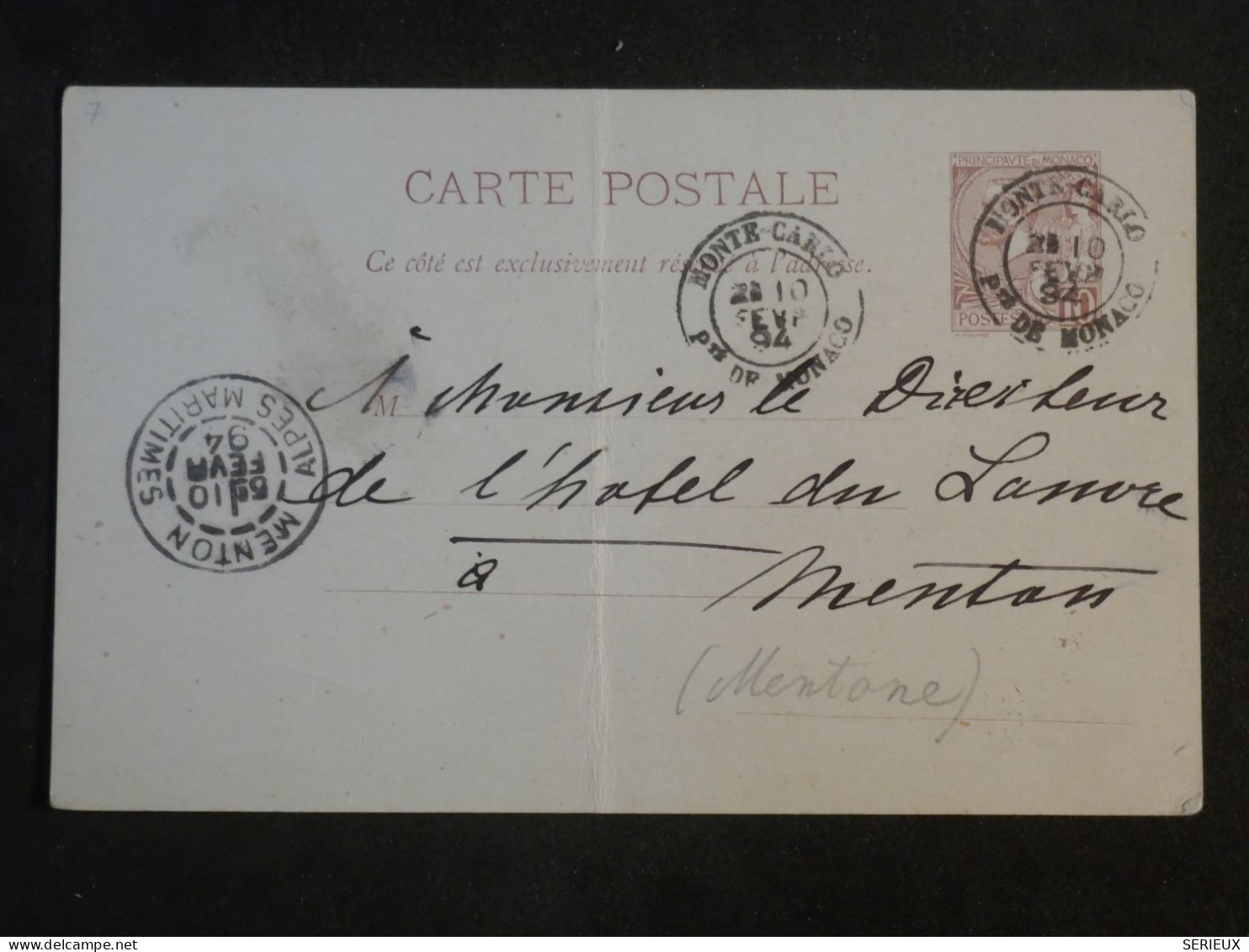 DH4 MONACO   BELLE  CARTE ENTIER  1894   MONTE CARLO  A  MENTON     ++AFF.   INTERESSANT+++ - Ganzsachen