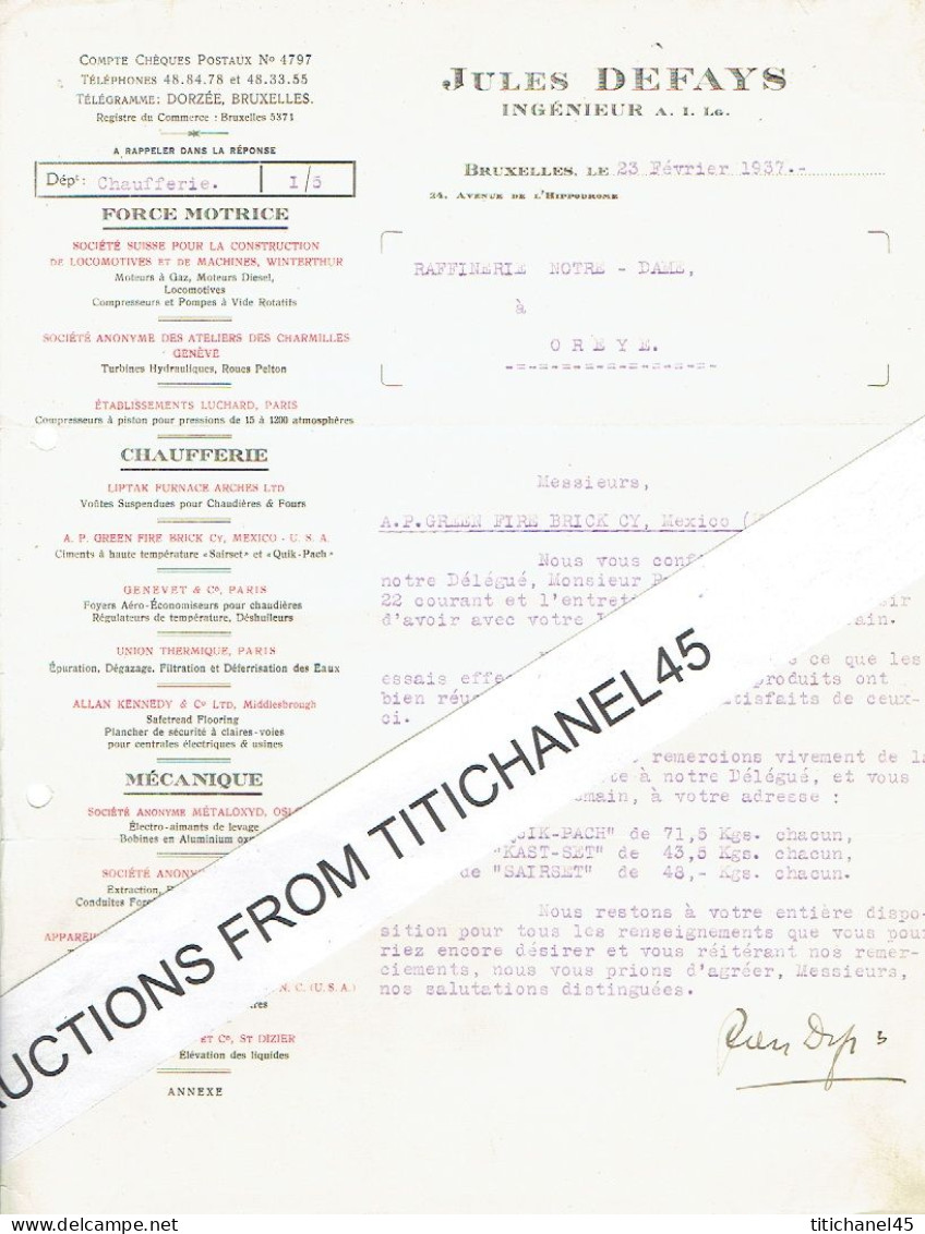 BRUXELLES 1937 - Lettre De Jules DEFAYS Ingénieur Pr La Société Suisse Pr La Construction De Locomotives, Moteurs Diesel - Other & Unclassified